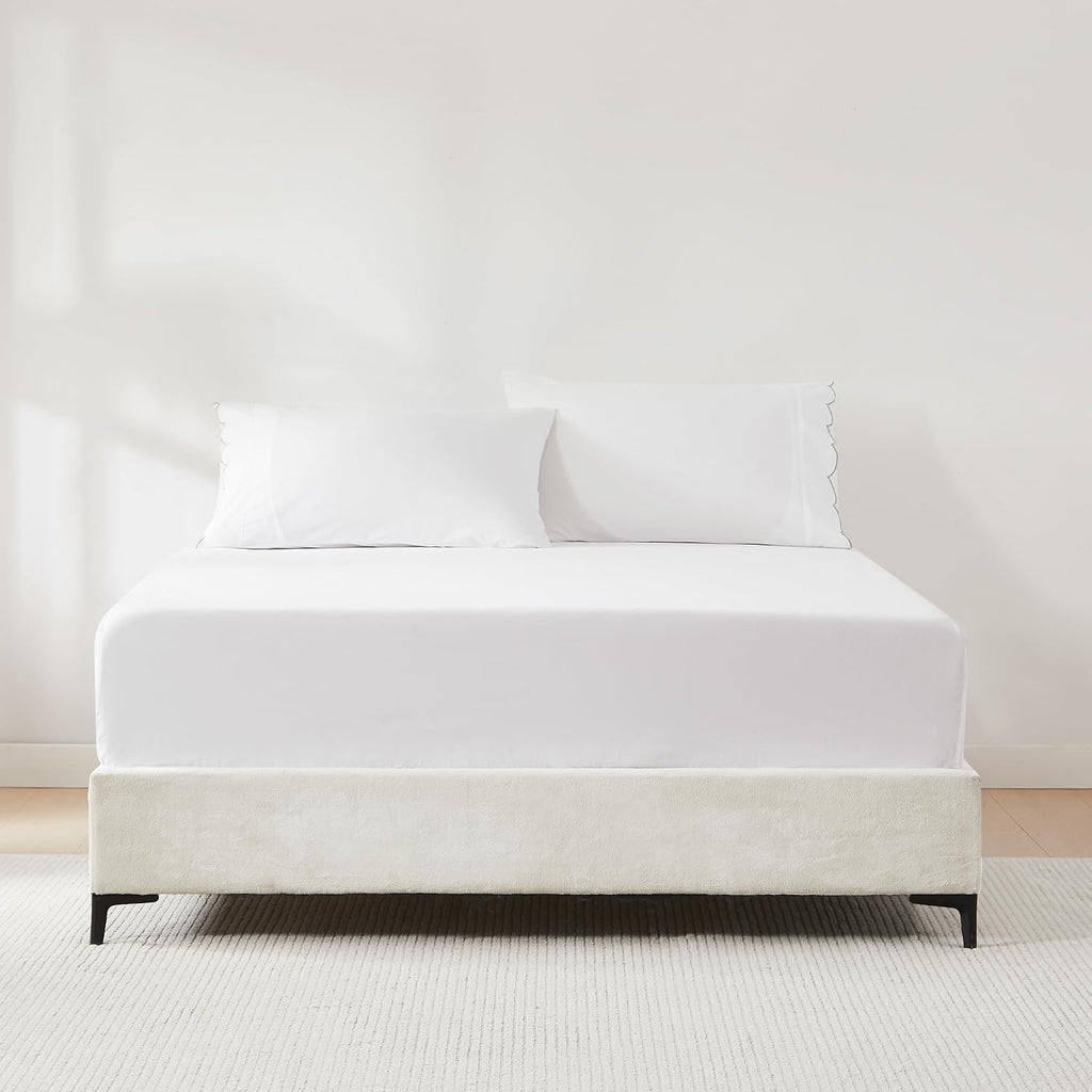 Lush Decor Coastal Chic Scalloped Edge Cotton Sheet Set 4 Piece Set Queen Sage - White Sheets - Scallop Trim - Bed Sheets - Coastal Decor