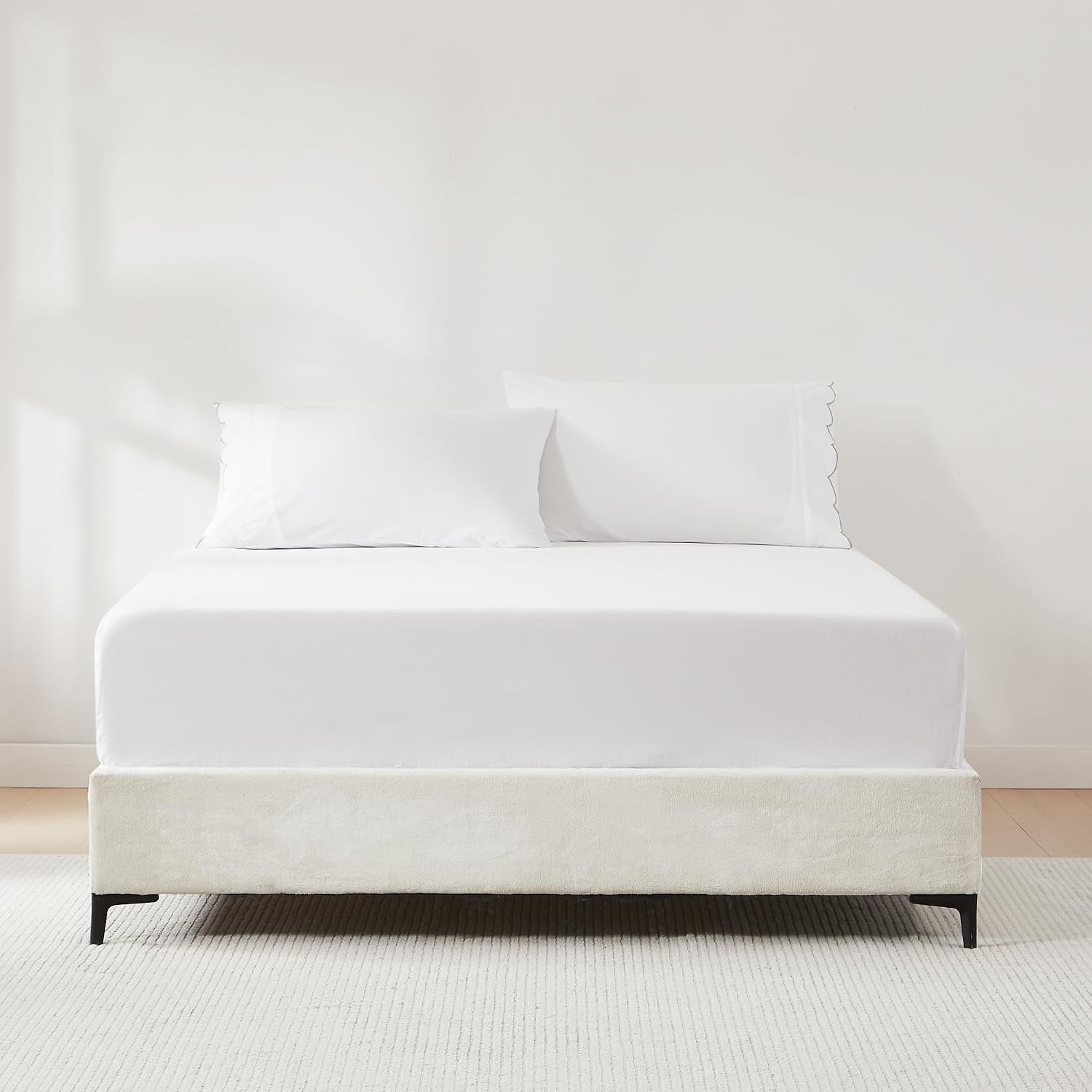 Lush Decor Coastal Chic Scalloped Edge Cotton Sheet Set 4 Piece Set Queen Sage - White Sheets - Scallop Trim - Bed Sheets - Coastal Decor