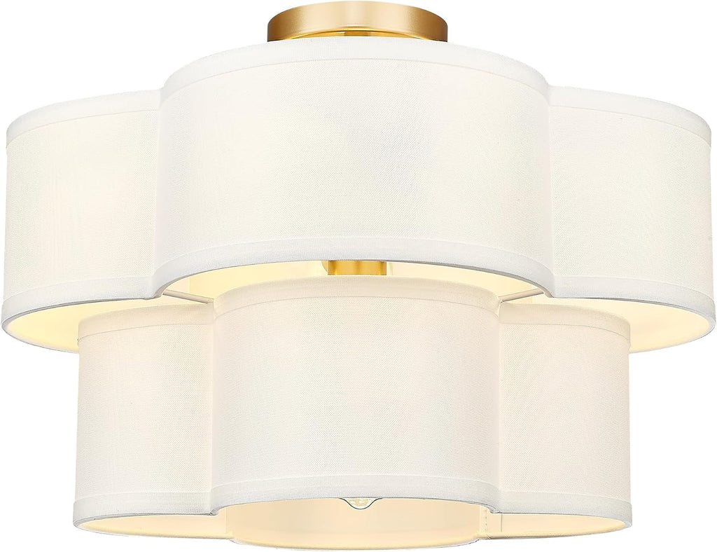 Gold Semi Flush Mount Ceiling Light, 5-Light 18' Ceiling Light Fixtures with Double Fabric Drum Shade in Quatrefoil Shape, Light Fixtures Ceiling Mount for Nursery Bedroom, AD-22007-5SF-GD