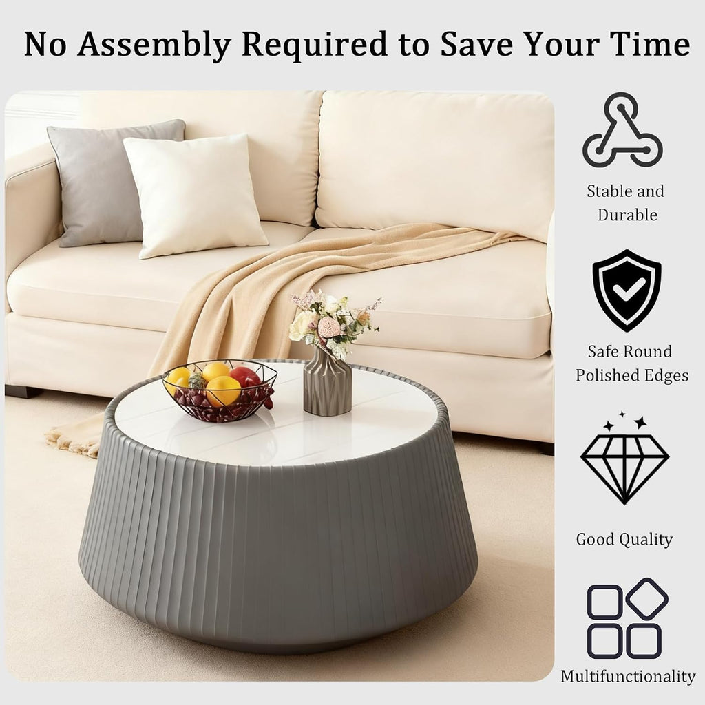 26.77' Grey Round Coffee Table, Drum Coffee Table with Sintered Stone Tabletop and Fluted PU Leather Covered and Stable Base, Circle Cocktail Tea Table for Living Room