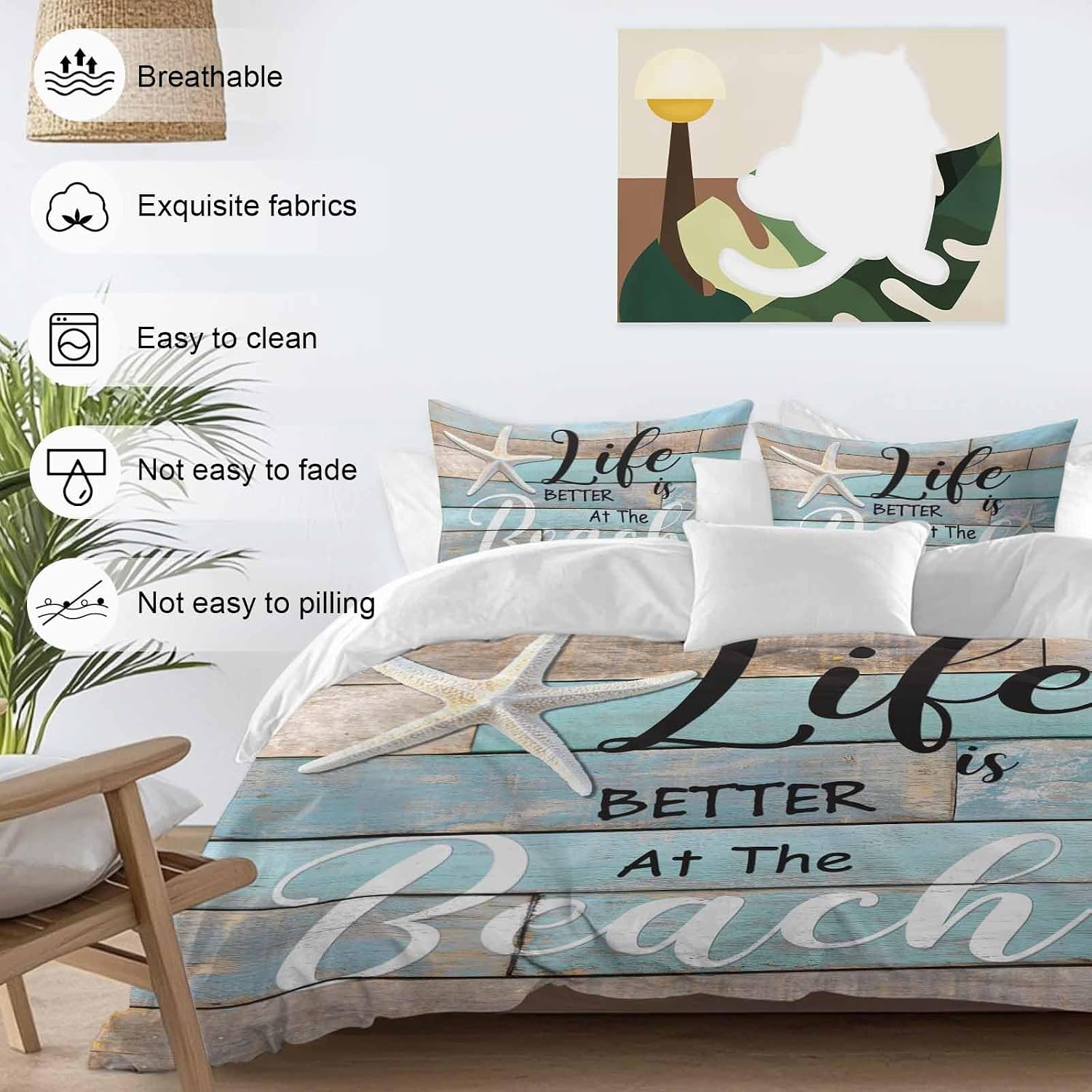 Life Is Duvet Cover Set Queen Size 4 Pieces Better at The Beach Summer Starfish Teal Wood Grain Bedding Set with Zipper Closure, 1 Comforter Cover 86x86 Inches 1 Flat Sheet & 2 Pillow Cases