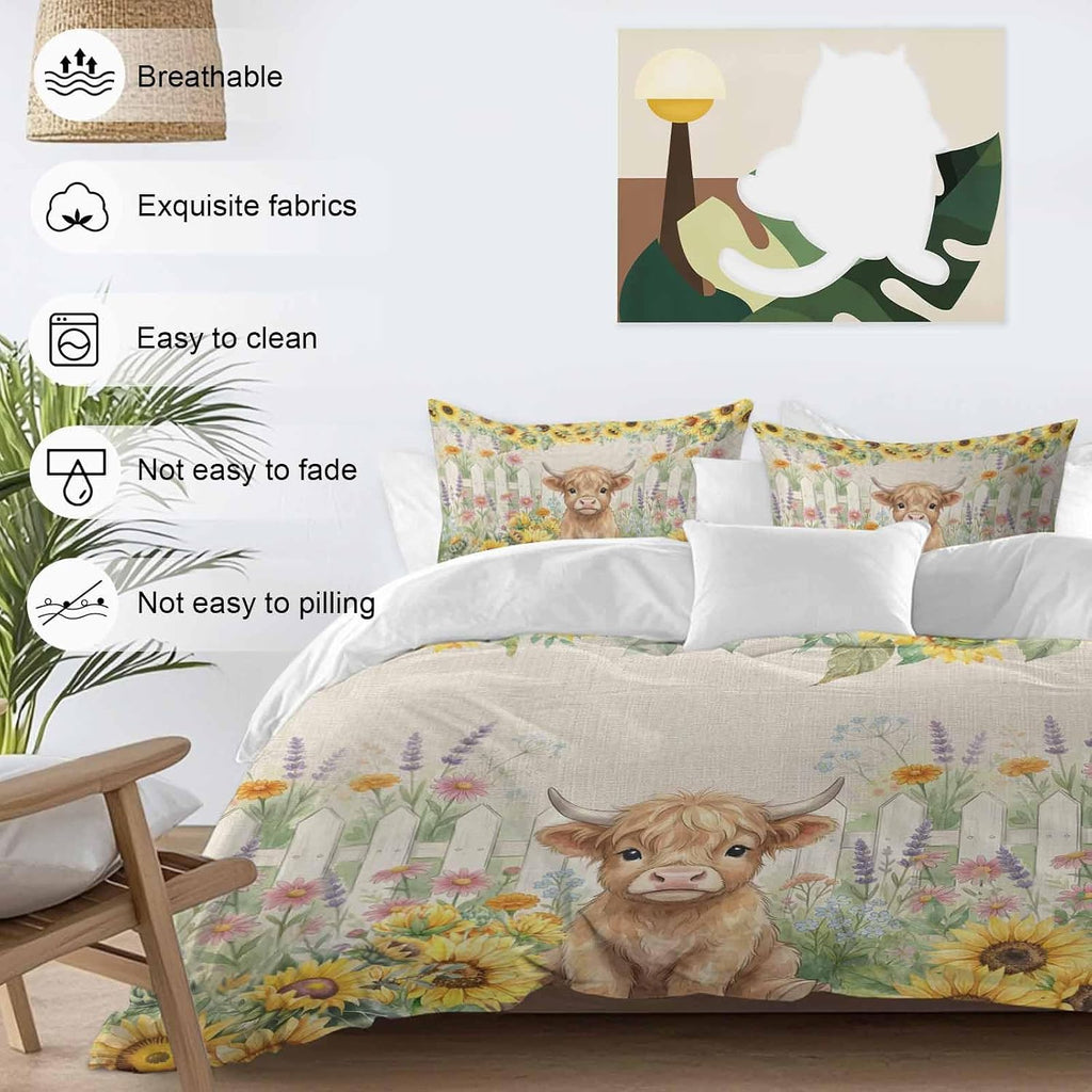 Farm Highland Cattle Duvet Cover Set Queen Size 4 Pieces Farmhouse Sunflower Cow Fence Linen Texture Bedding Set with Zipper Closure, 1 Comforter Cover 92x106 Inches 1 Flat Sheet & 2 Pillow Cases