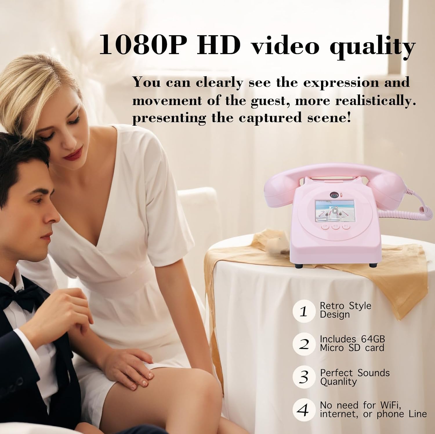 Video Audio Guest Book Wedding Phone, 1080P HD Video Audio Phone Guestbook, Preserve Your Special Occasions, Ideal for Wedding Bridal Shower, Birthday, Graduations, Baby Shower (Pink)