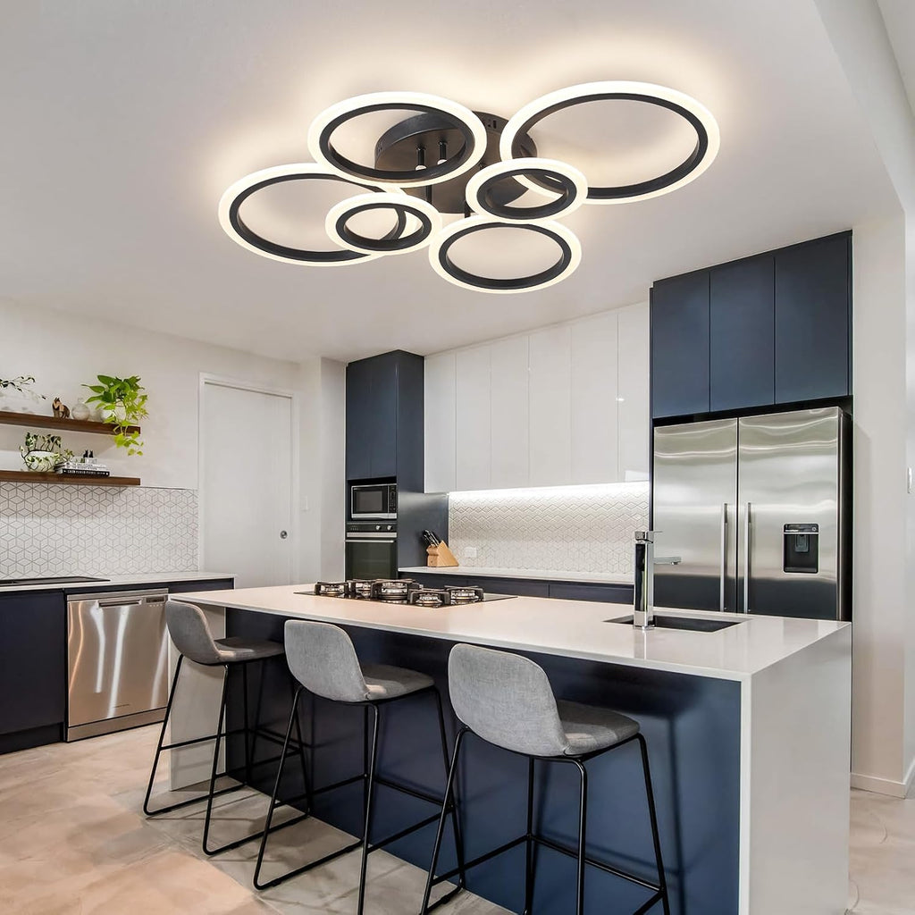 Shine LUEST 6 Rings Black Modern LED Ceiling Light Fixture, Flush Mount Ceiling Light with Remote Dimmable Brightness, Adjustable 3000-6000K Color Temperature, Timer for Living Room, Bedroom