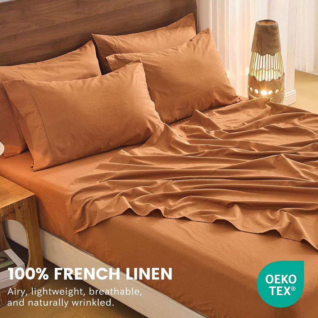 Bedlifes 100% French Flax Linen Sheets Set King Size - 6 Piece Extra Deep Pocket 18-24',Soft Breathable King Bed Sheets with Temperature Regulating & Moisture-Wicking(Brown