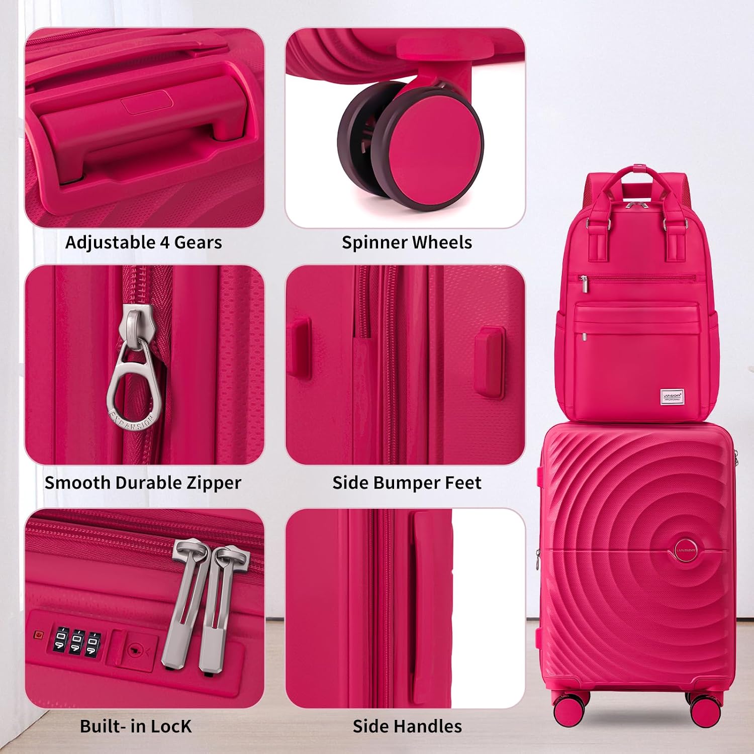 LARVENDER Luggage Sets, Suitcase Set 3 Piece Expandable Luggage PP Lightweight Large Suitcases with Wheels for Women (28/24/20inch, Rose Red)