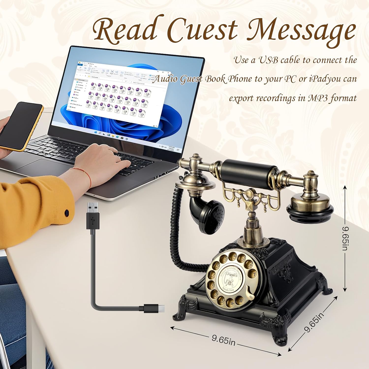 Audio Guest Book Wedding Phone, Audio Guest Book Record Customized Audio Messages Guest Book Alternatives Classic Rotary Phone for Parties Birthdays Rentals Confessions Special Occasions(Black)