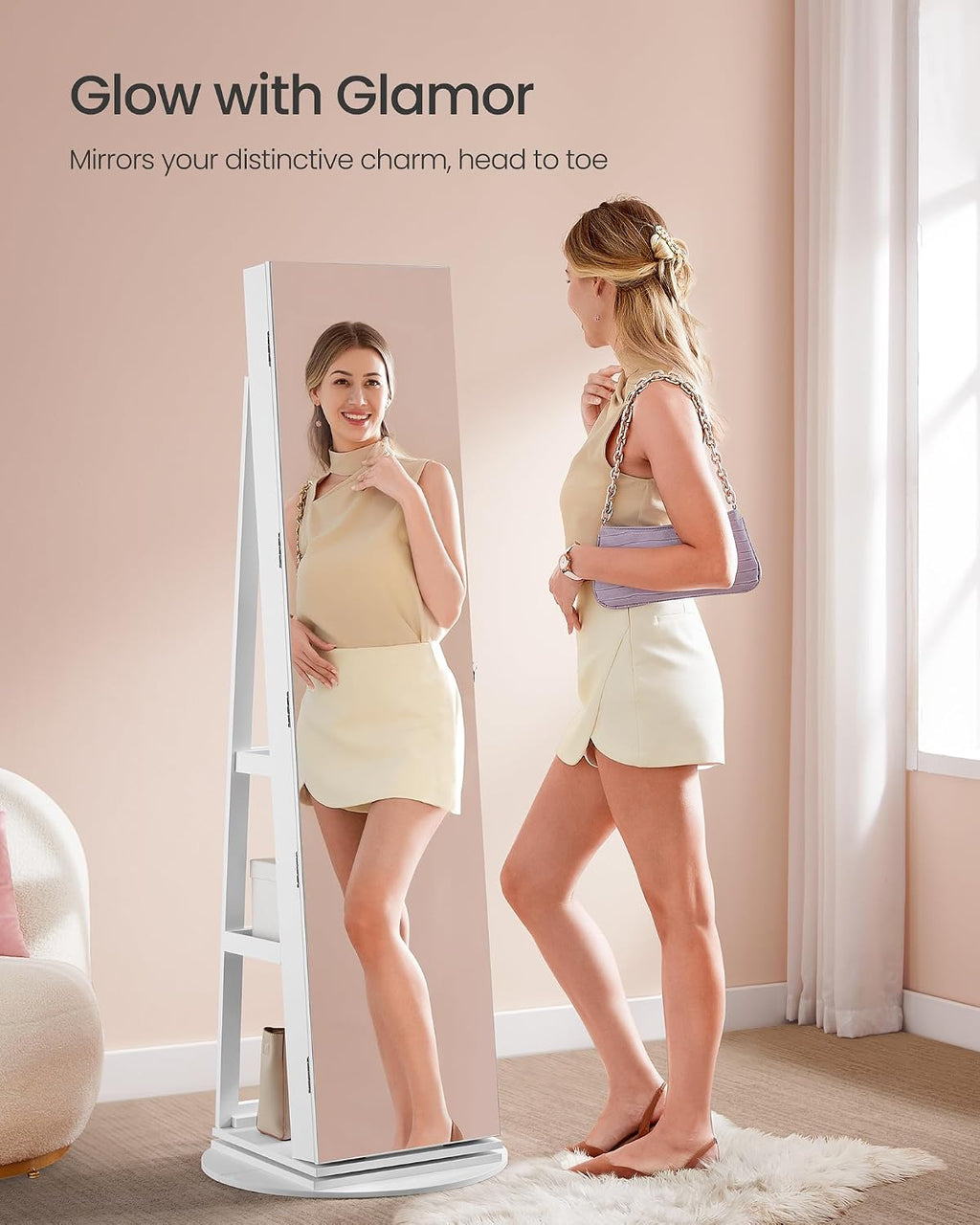 SONGMICS 6 LEDs Lockable Mirror Jewelry Cabinet, 360° Swivel Jewelry Organizer Armoire Standing, Frameless Full-Length Mirror, 3 Storage Shelves, White Surface, Greige Lining UJJC007W02V1