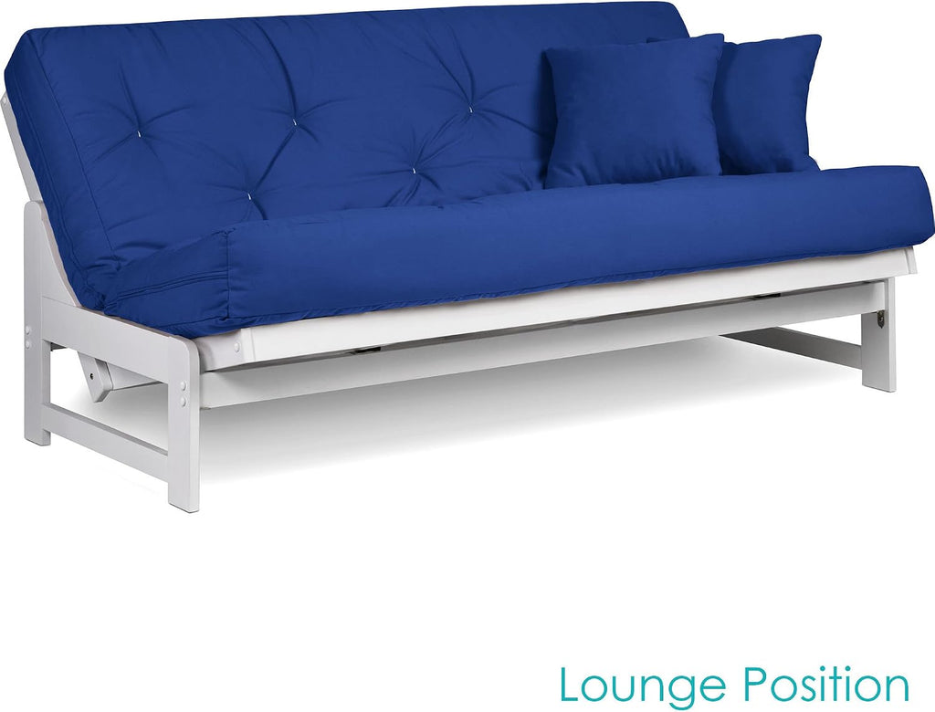 Nirvana Futons Arden White Finish Futon Set (Full or Queen Size), Armless Wood Futon Frame with Mattress Included (Twill Royal Blue), Space Saving Modern Sofa Bed Sleeper