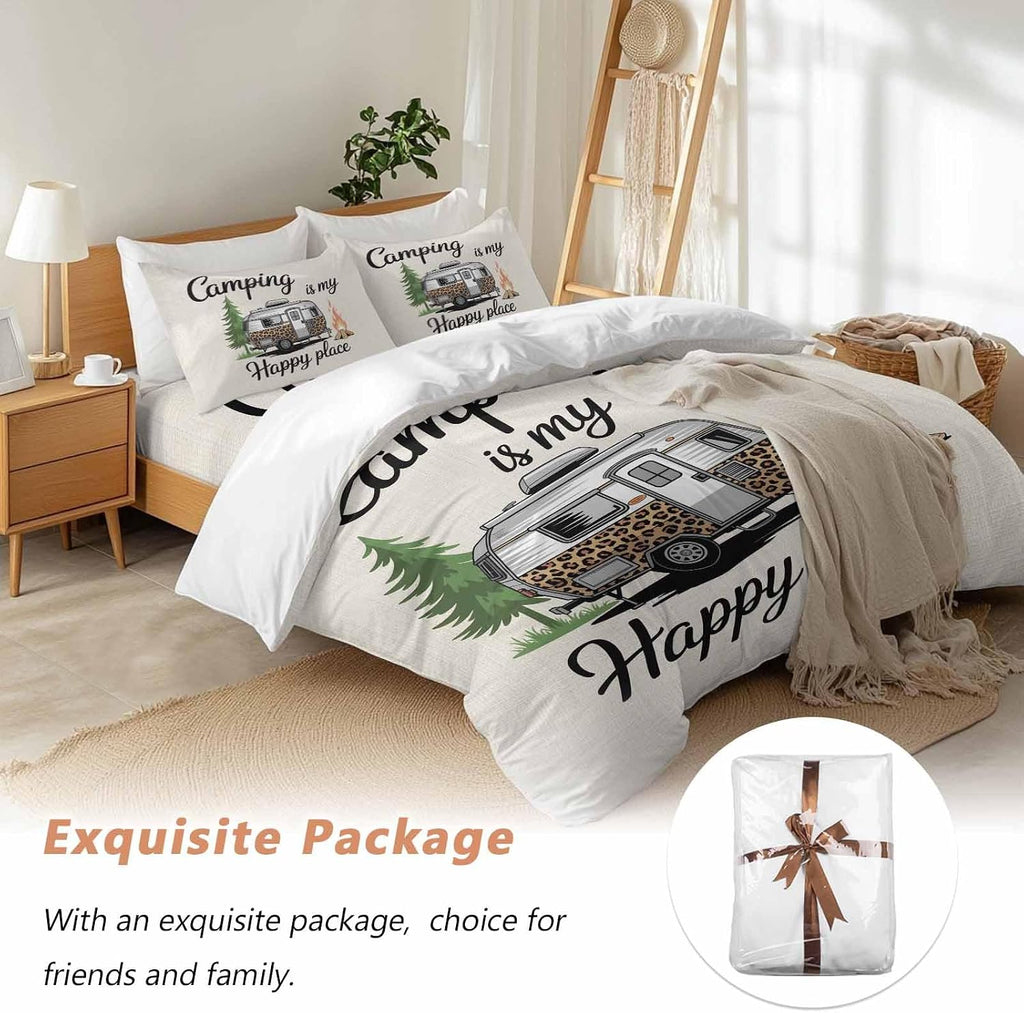 Prime Leader Camping is My Happy Place Duvet Cover Set Queen Size 4 Pieces Leopard RV Vintage Linen Bedding Set with Zipper Closure, 1 Comforter Cover 92x106 Inches 1 Flat Sheet & 2 Pillow Cases