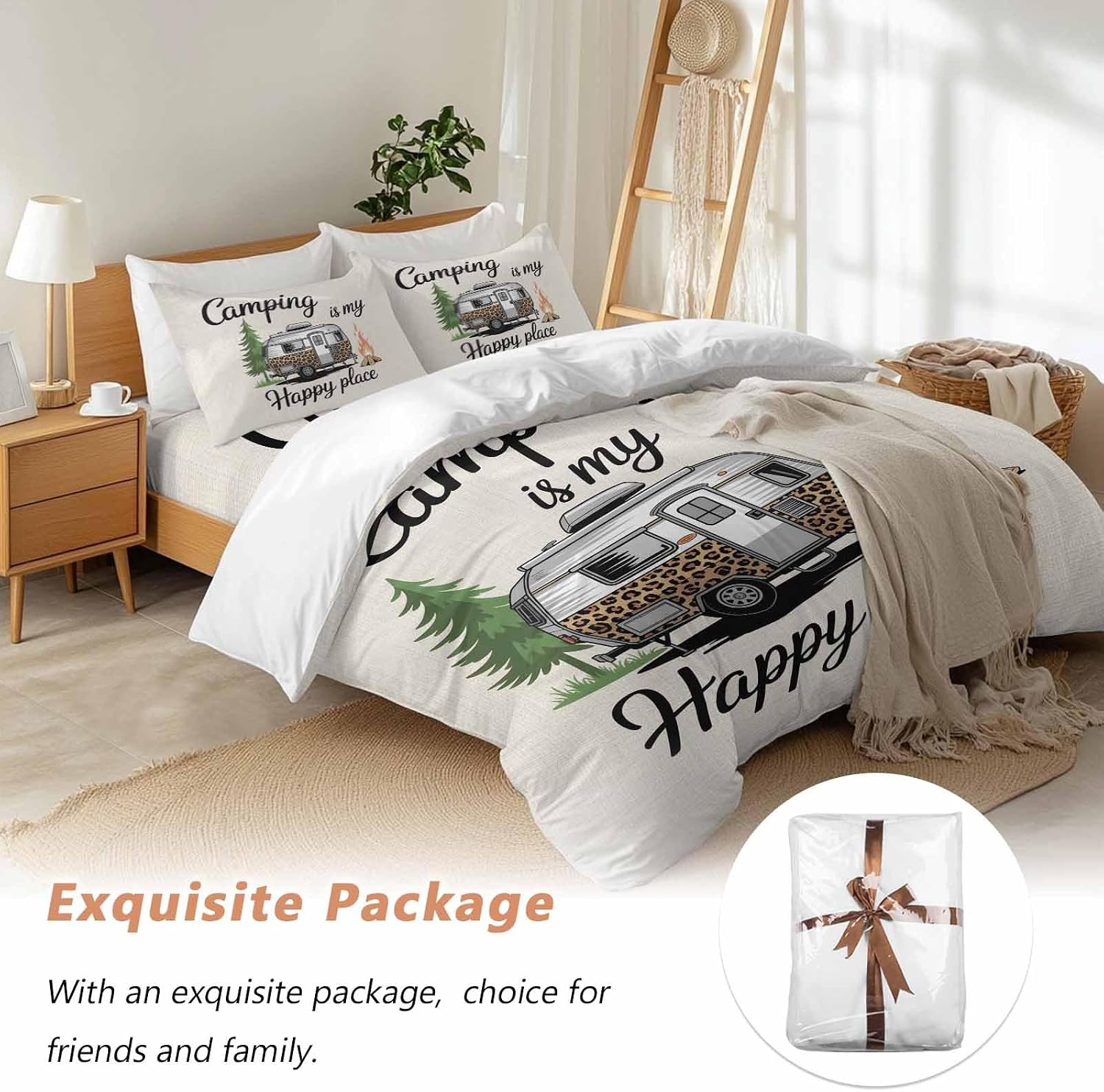Prime Leader Camping is My Happy Place Duvet Cover Set Queen Size 4 Pieces Leopard RV Vintage Linen Bedding Set with Zipper Closure, 1 Comforter Cover 92x106 Inches 1 Flat Sheet & 2 Pillow Cases