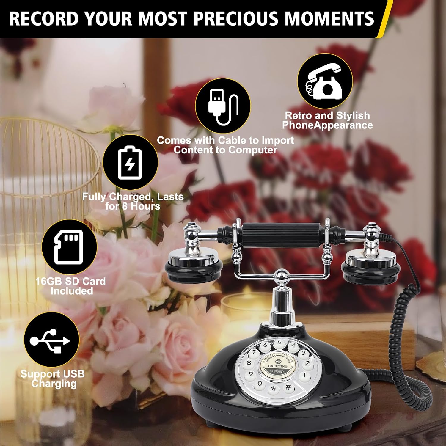 Audio Guest Book Wedding Phone, Record Customized Audio Message with Guest Book Retro Phone Audio GuestBook for Wedding Birthday Party Confession (Battery is Included)