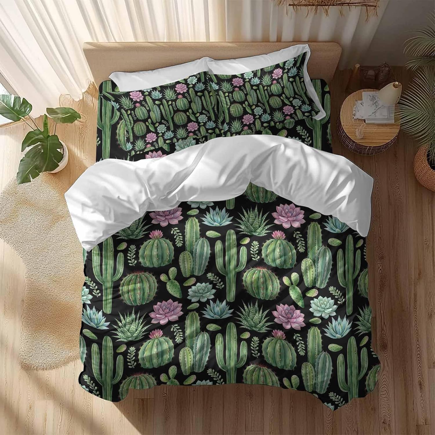 Summer Botanical Duvet Cover Set Queen Size 4 Pieces Tropical Saguaro Opuntia Green Cactus Black Bedding Set with Zipper Closure, 1 Comforter Cover 92x106 Inches 1 Flat Sheet & 2 Pillow Cases