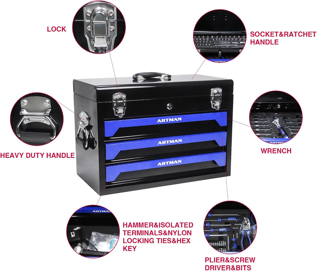 Tool Set and Mechanic Tool Set Box with Handle and 3-Drawer Heavy Duty Metal Box - 339 Piece Tool Kits for Adults Mechanics Workshop Maintenance and Repair Projects - Blue