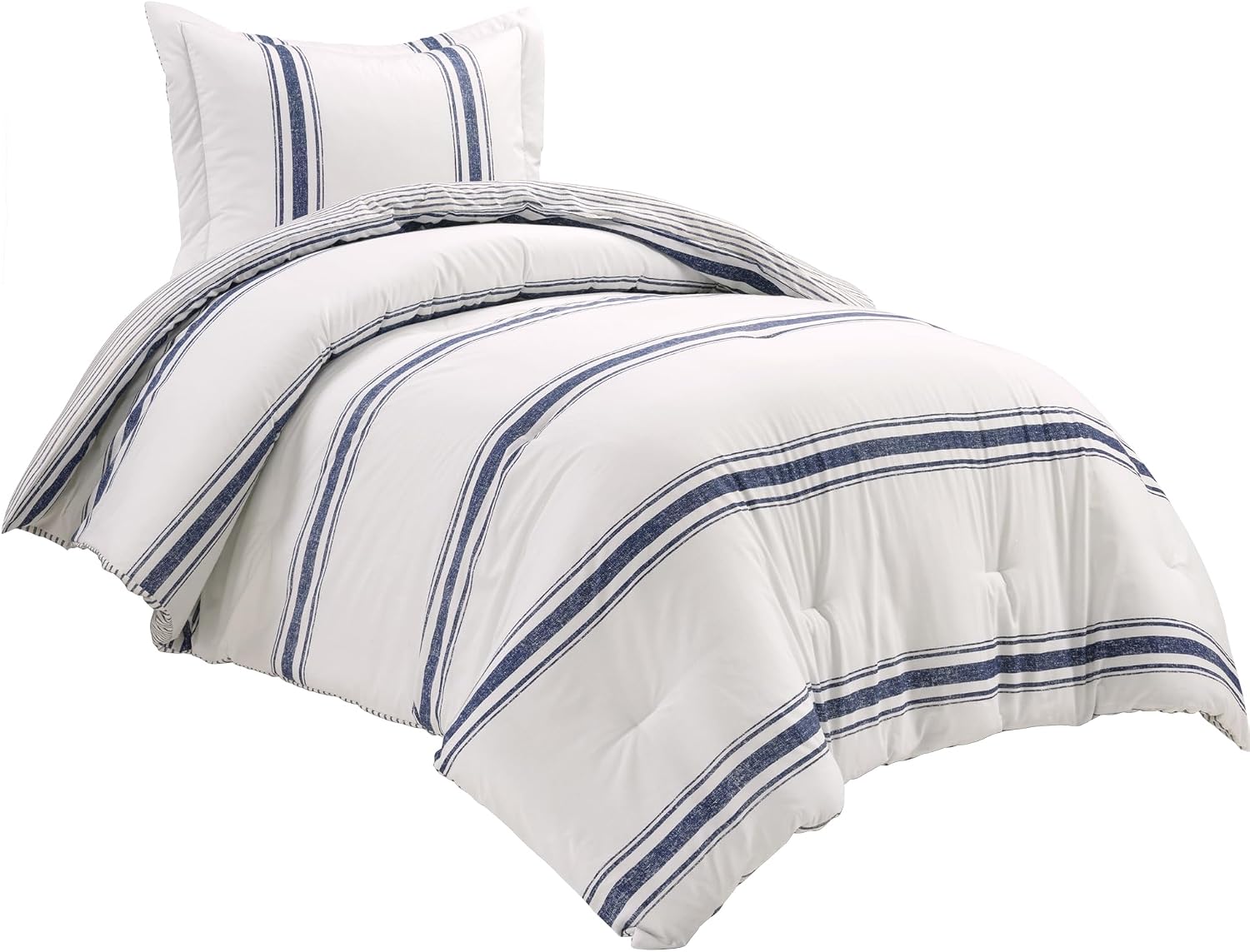 Lush Decor Farmhouse Stripe Reversible Cotton Comforter Set, 2-Piece, Twin XL Navy - Twin Bedding Set - Dorm Decor - Striped Comforter for Farmhouse Bedroom Decor