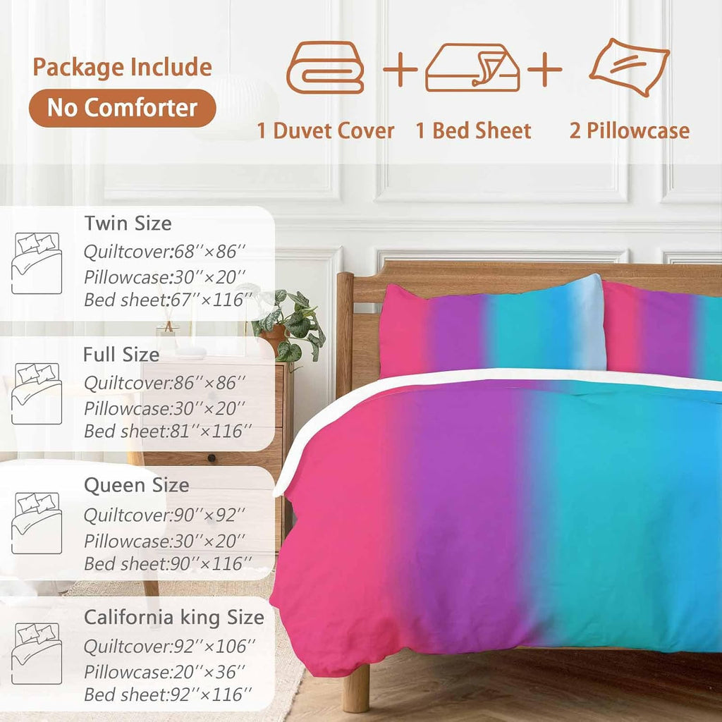 Gradient Art Duvet Cover Set Queen Size 4 Pieces Modern Pink Purple Teal Blue Color Stripes Ombre Bedding Set with Zipper Closure, 1 Comforter Cover 92x106 Inches 1 Flat Sheet & 2 Pillow Cases