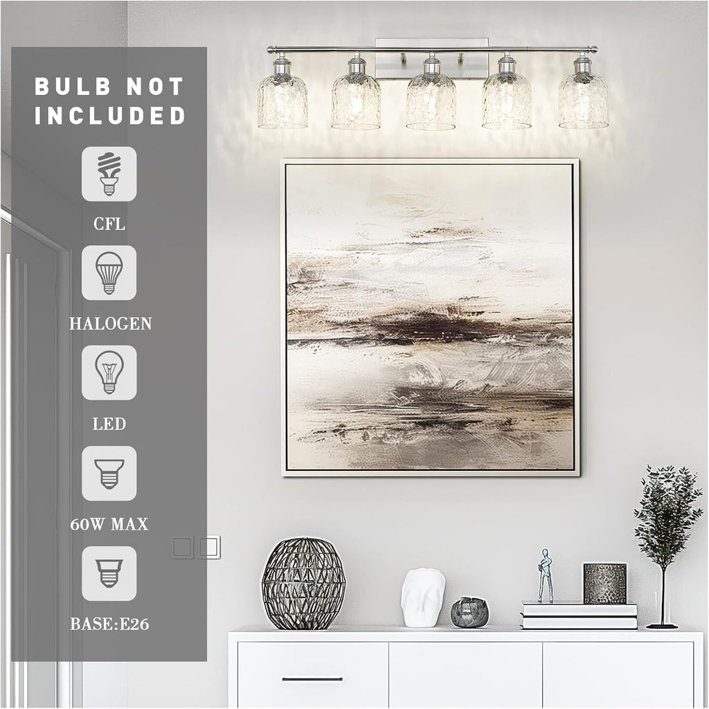 zeyu Modern Brushed Nickel Bathroom Lights Fixture, 35 Inch 5 Light Vanity Lighting Over Mirror, Brushed Nickel Finish with Clear Hammered Glass, ZJF63B-5W BN