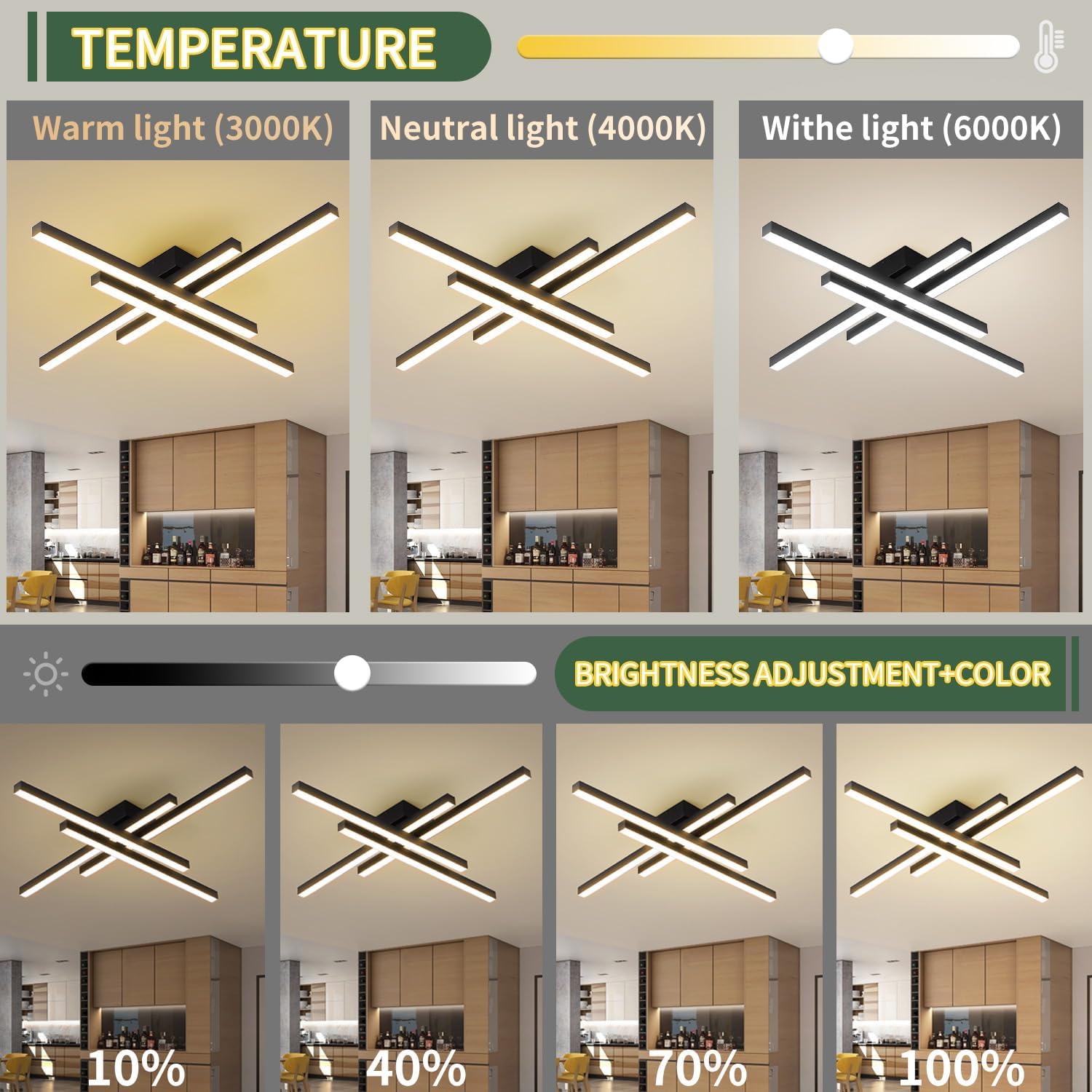 Modern LED Ceiling Lights 43.3' Black Flush Mount Ceiling Light Fixture Sputnik Dimmable Ceiling Lights with Remote Control for Bedroom Living Room Kitchen Room(4 Lights)
