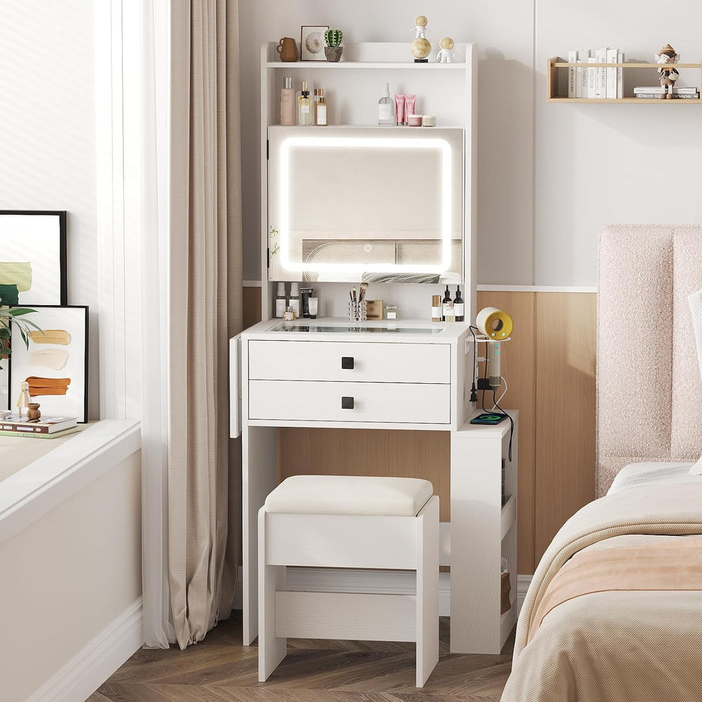 Vabches Small Makeup Vanity Desk with 3 Adjustable Lighted Mirror, White Vanity Set with Fold-up Panel and Charging Station, Glass Top Dressing Table with Drawers and Chair, 2 Hidden Storage Shelves