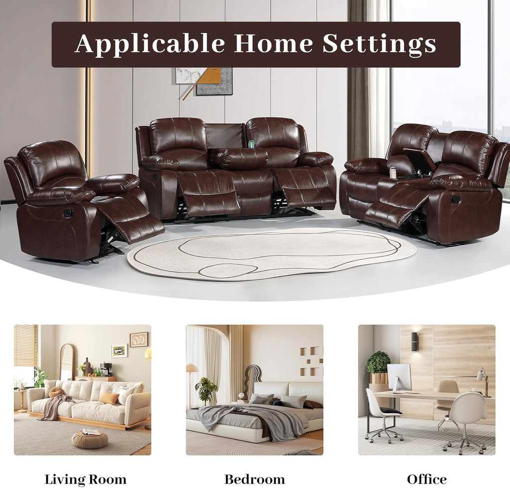 Betsy Furniture 3PC Faux Leather Manual Reclining Couch Set, Living Room Furniture Set, Sofa, Loveseat, Glider, 8018 Multiple Colors (Brown, Sofa+Loveseat+Chair)