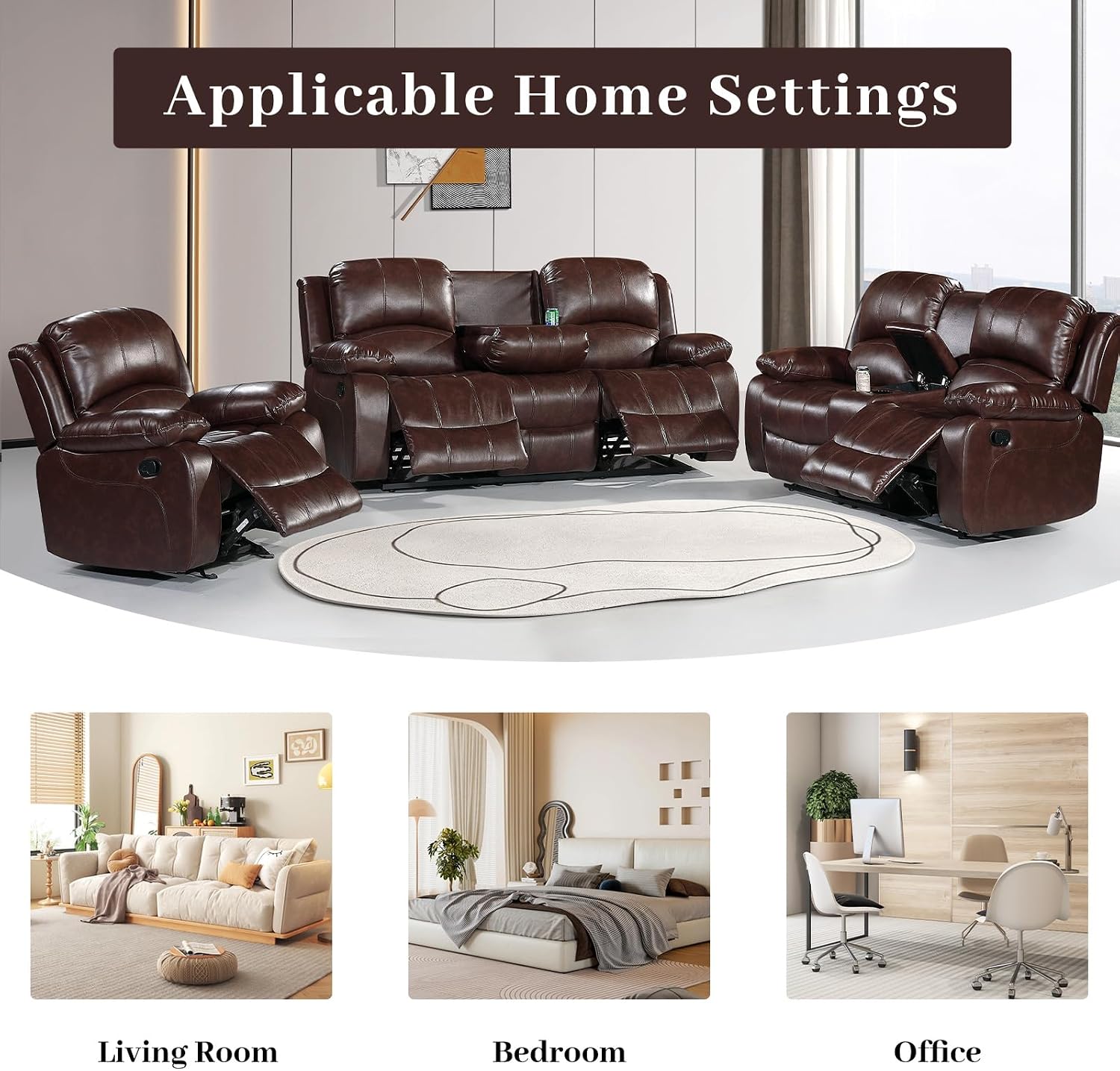 Betsy Furniture 3PC Faux Leather Manual Reclining Couch Set, Living Room Furniture Set, Sofa, Loveseat, Glider, 8018 Multiple Colors (Brown, Sofa+Loveseat+Chair)