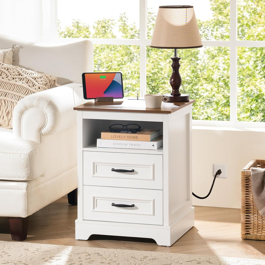 Farmhouse Nightstand with Charging Station- Wood Night Stand Set 2, 2 Drawer Nightstands Set of 2, Bedside Table with Storage, Rustic Night Stands for Bedroom, Closet, 18' Wide, 24' Tall