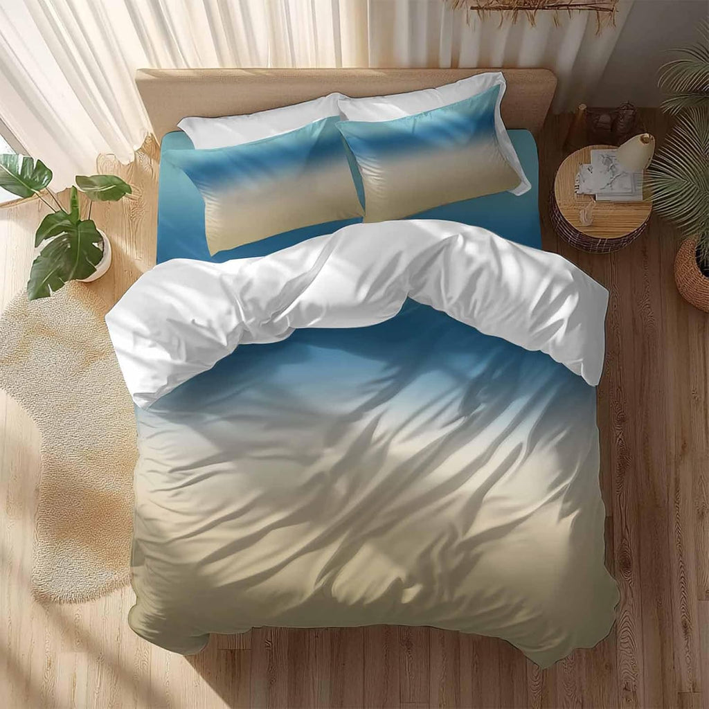 Prime Leader Gradient Blue Duvet Cover Set Queen Size 4 Pieces Modern Minimalist Blue Brown Ocean Beach Bedding Set with Zipper Closure, 1 Comforter Cover 90x92 Inches 1 Flat Sheet & 2 Pillow Cases