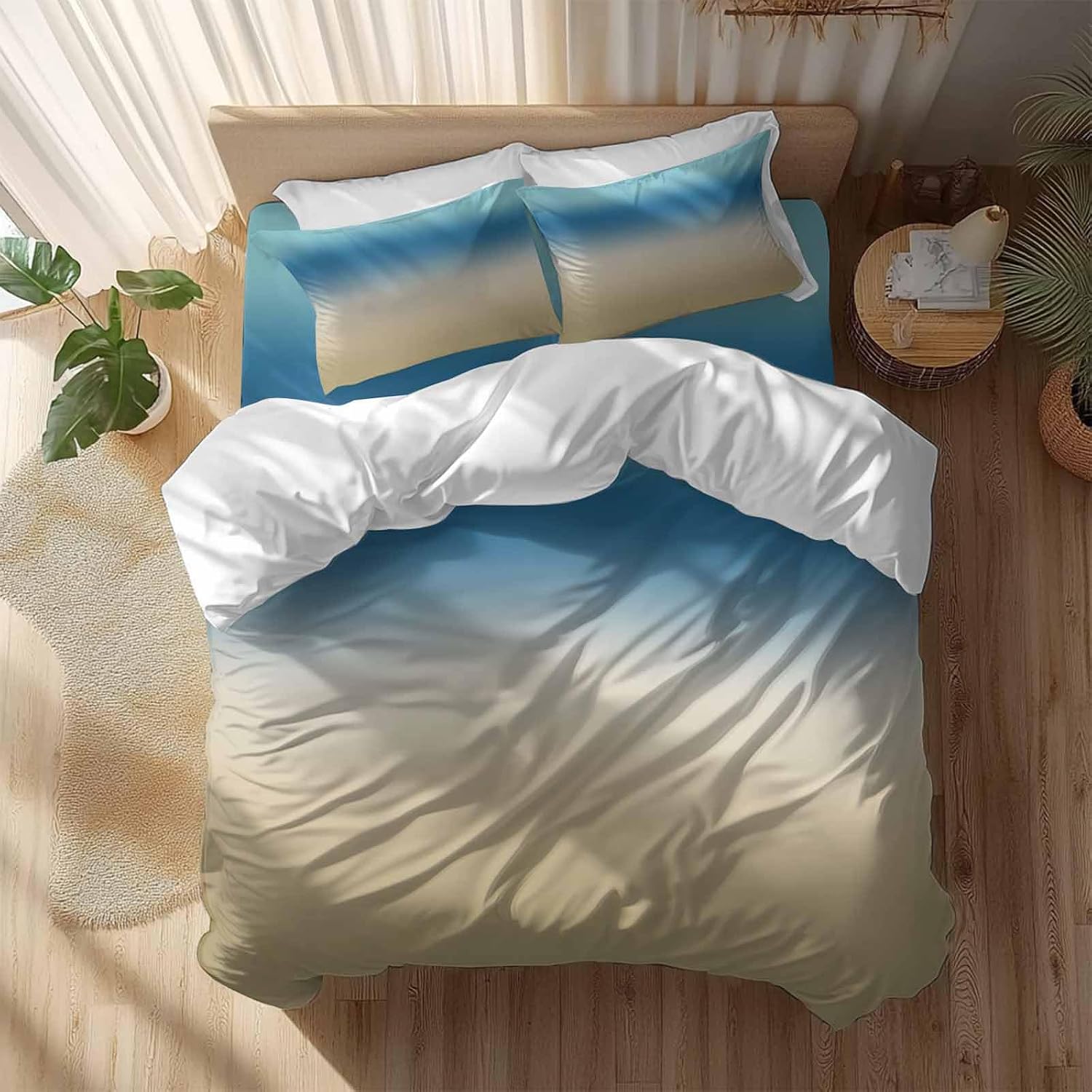 Prime Leader Gradient Blue Duvet Cover Set Queen Size 4 Pieces Modern Minimalist Blue Brown Ocean Beach Bedding Set with Zipper Closure, 1 Comforter Cover 90x92 Inches 1 Flat Sheet & 2 Pillow Cases