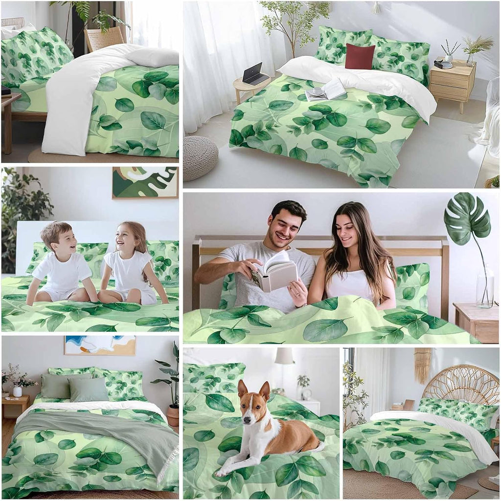 Green Leaf Duvet Cover Set Queen Size 4 Pieces Summer Green Eucalyptus Leaves Plants Farmhouse Bedding Set with Zipper Closure, 1 Comforter Cover 92x106 Inches 1 Flat Sheet & 2 Pillow Cases