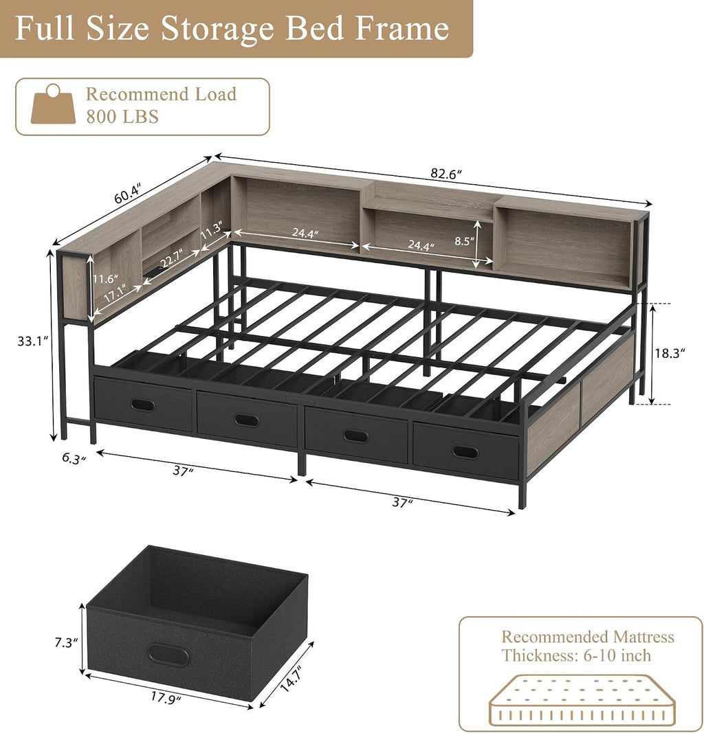 Full Size Corner Bed Frame with LED Lights, Charging Station & 8-Bookcase Headboard, Metal Platform Corner Bed with 4 Storage Drawers, Full Daybed for Kids Teens Guests, Gray