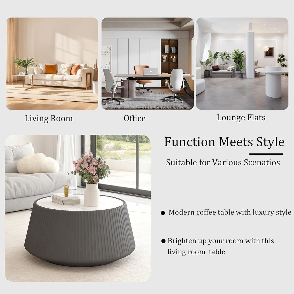 26.77' Grey Round Coffee Table, Drum Coffee Table with Sintered Stone Tabletop and Fluted PU Leather Covered and Stable Base, Circle Cocktail Tea Table for Living Room