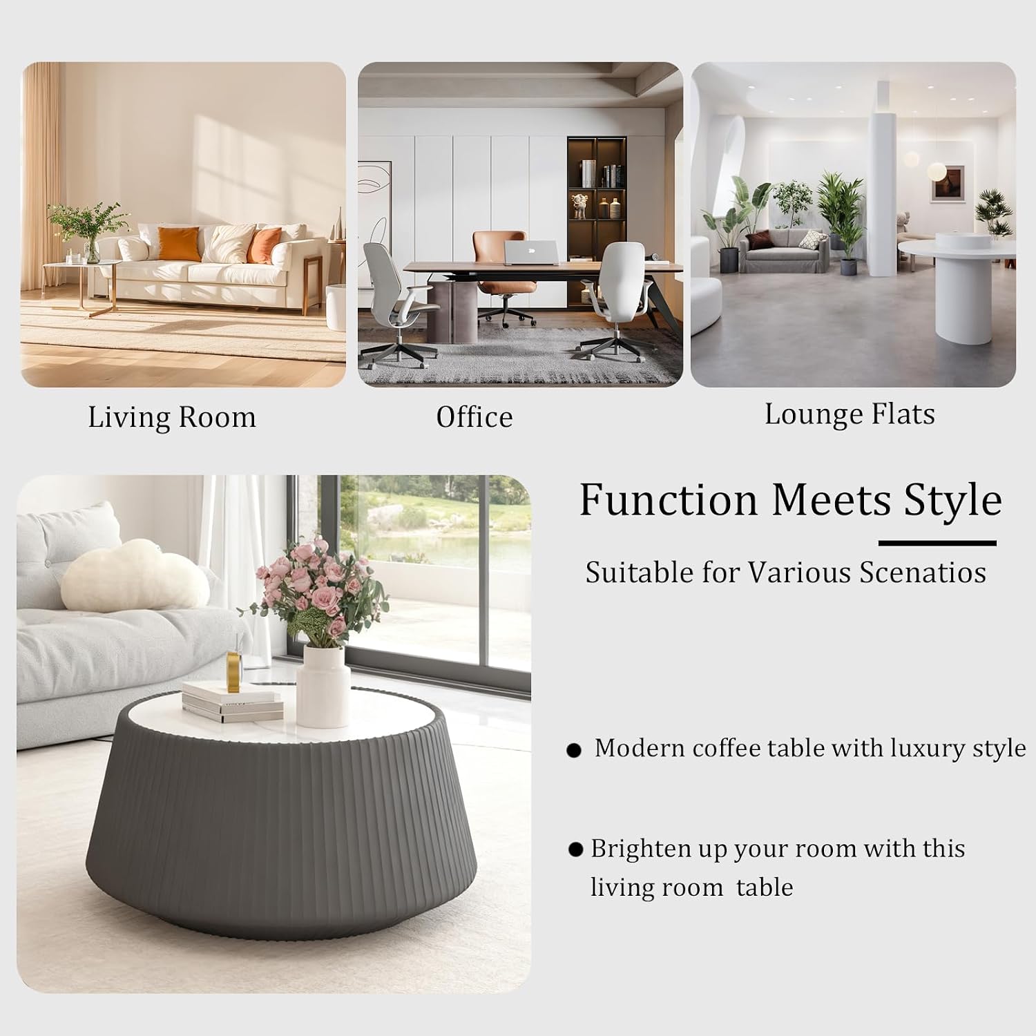 26.77' Grey Round Coffee Table, Drum Coffee Table with Sintered Stone Tabletop and Fluted PU Leather Covered and Stable Base, Circle Cocktail Tea Table for Living Room