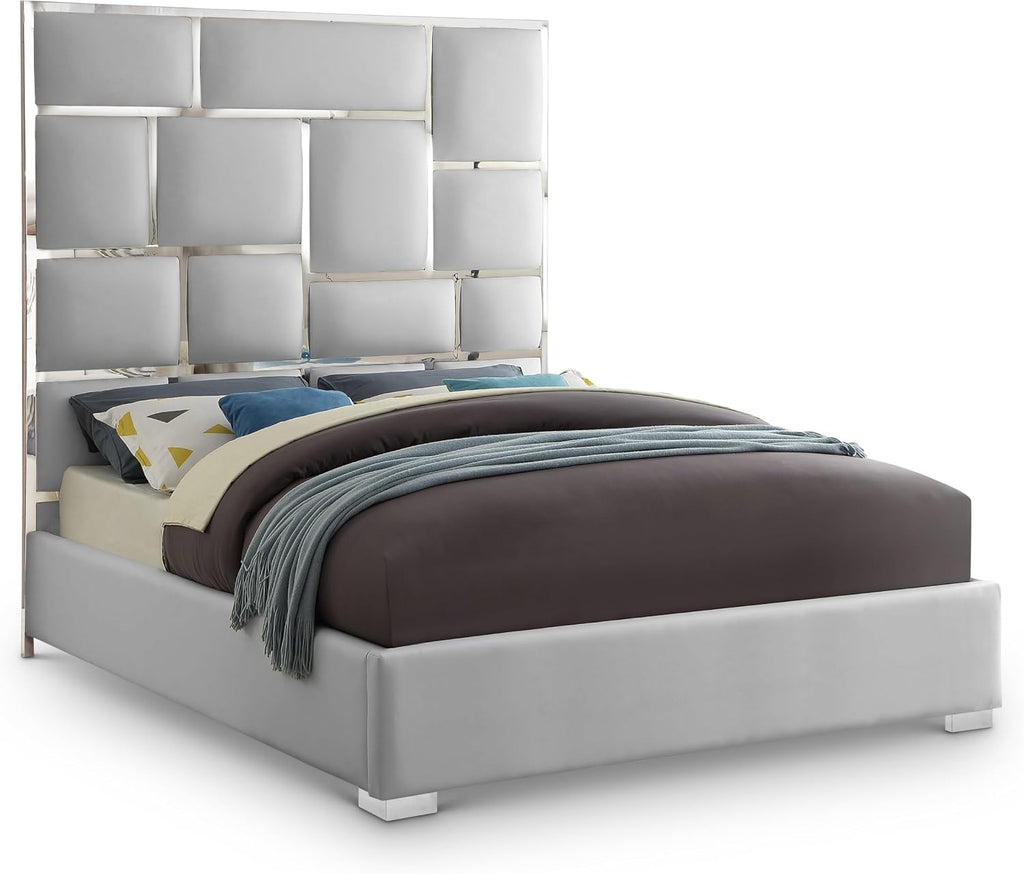 Meridian Furniture MilanWhite-K Milan Collection Modern Contemporary Vegan Leather Upholstered Bed, Custom Chrome Metal Legs, Geometric Designed Headboard, 81.5' W x 84.5' D x 70' H, White, King