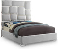 Meridian Furniture MilanWhite-K Milan Collection Modern Contemporary Vegan Leather Upholstered Bed, Custom Chrome Metal Legs, Geometric Designed Headboard, 81.5' W x 84.5' D x 70' H, White, King