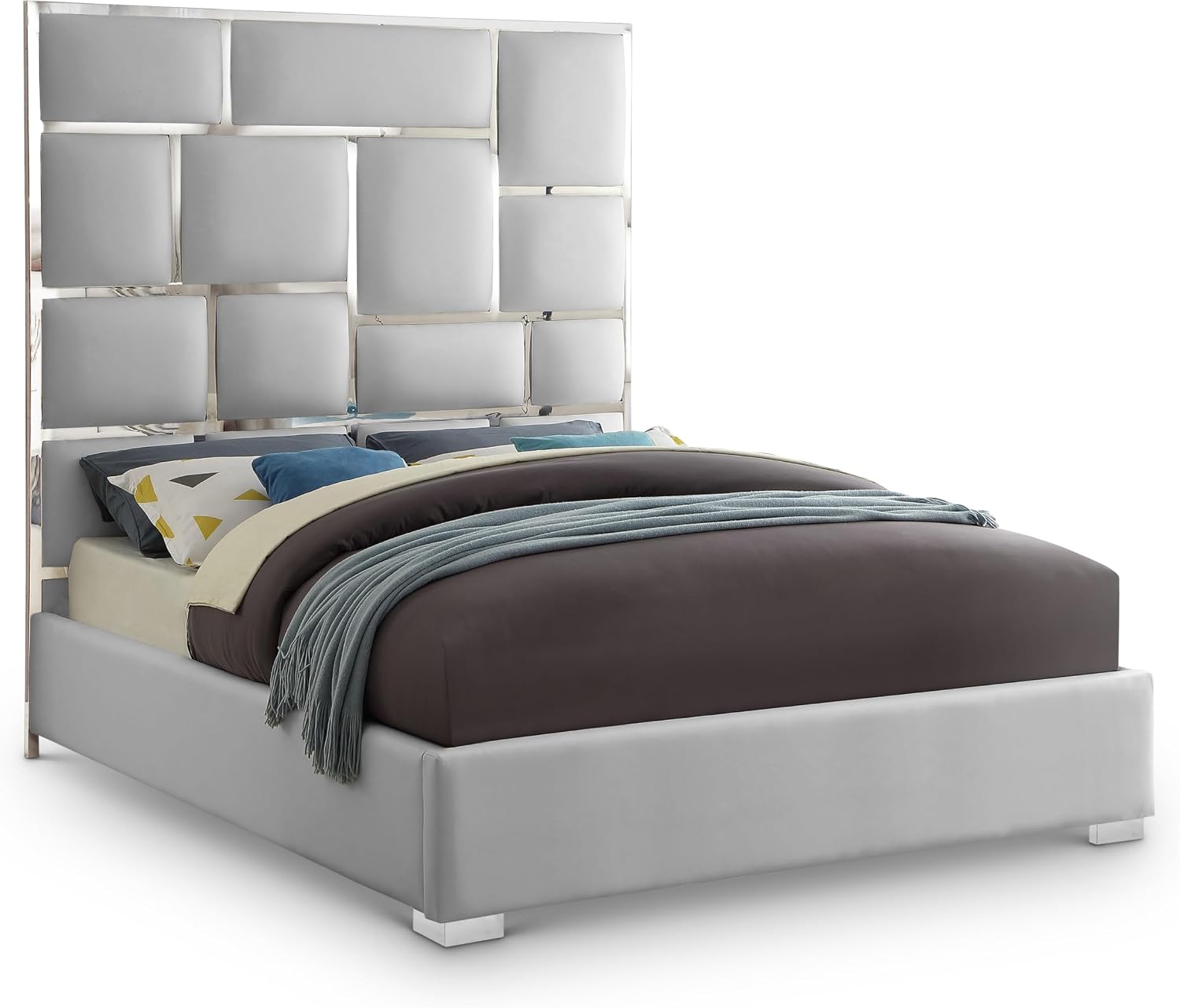 Meridian Furniture MilanWhite-K Milan Collection Modern Contemporary Vegan Leather Upholstered Bed, Custom Chrome Metal Legs, Geometric Designed Headboard, 81.5' W x 84.5' D x 70' H, White, King