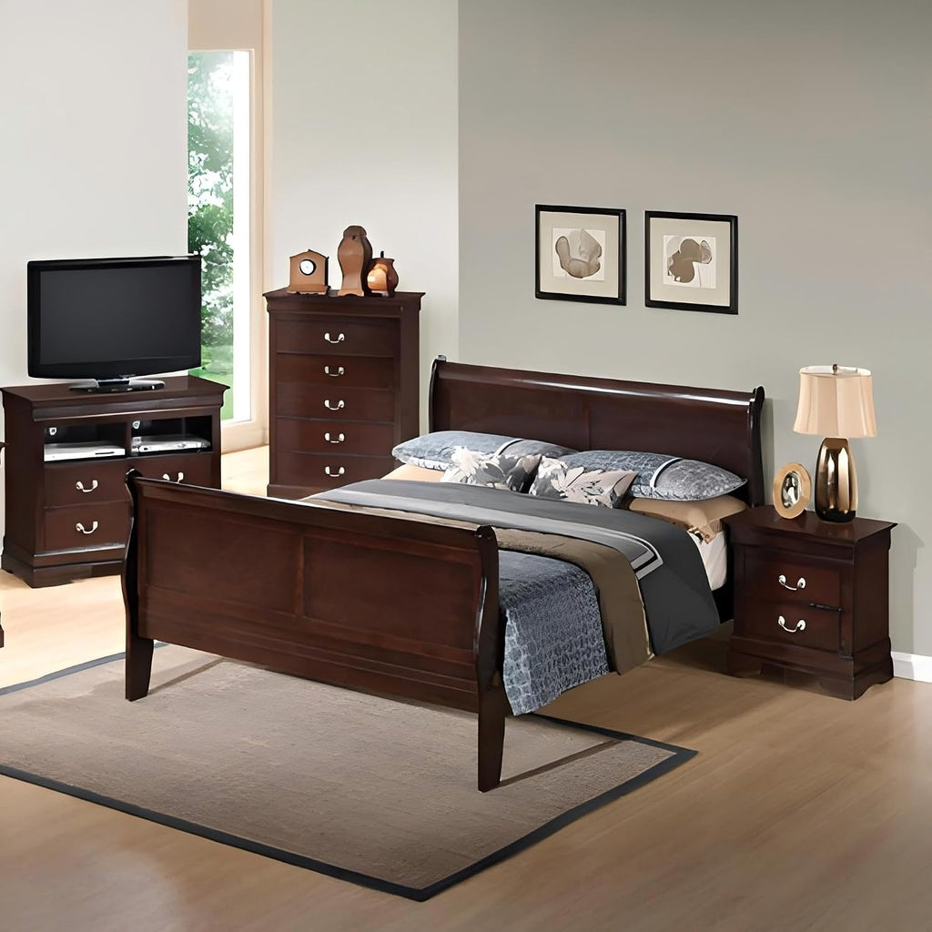 GDFStudio Full Size Wood Platform Bed Frame, Classic Sleigh Design with Curved Trim & Wood Posts,Easy Assembly, Box Spring Required,Timeless Elegant Bedroom Furniture,Cappuccino