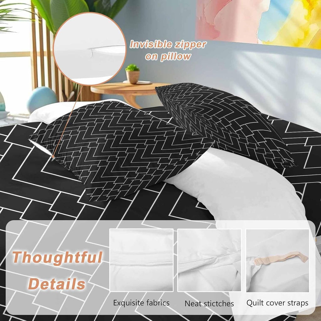 Prime Leader Abstract Line Duvet Cover Set Queen Size 4 Pieces Herringbone Black White Modern Simple Bedding Set with Zipper Closure, 1 Comforter Cover 92x106 Inches 1 Flat Sheet & 2 Pillow Cases