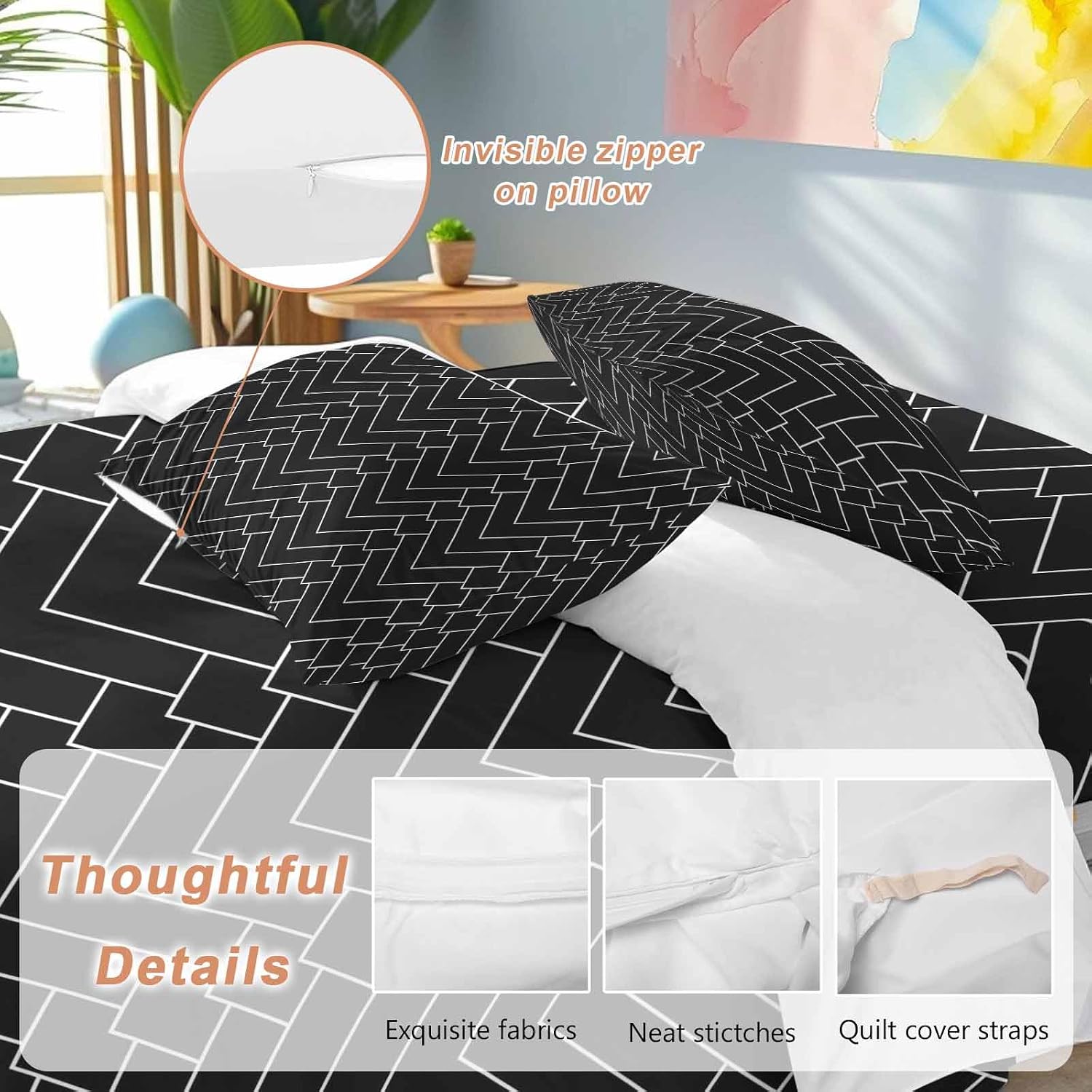 Prime Leader Abstract Line Duvet Cover Set Queen Size 4 Pieces Herringbone Black White Modern Simple Bedding Set with Zipper Closure, 1 Comforter Cover 92x106 Inches 1 Flat Sheet & 2 Pillow Cases