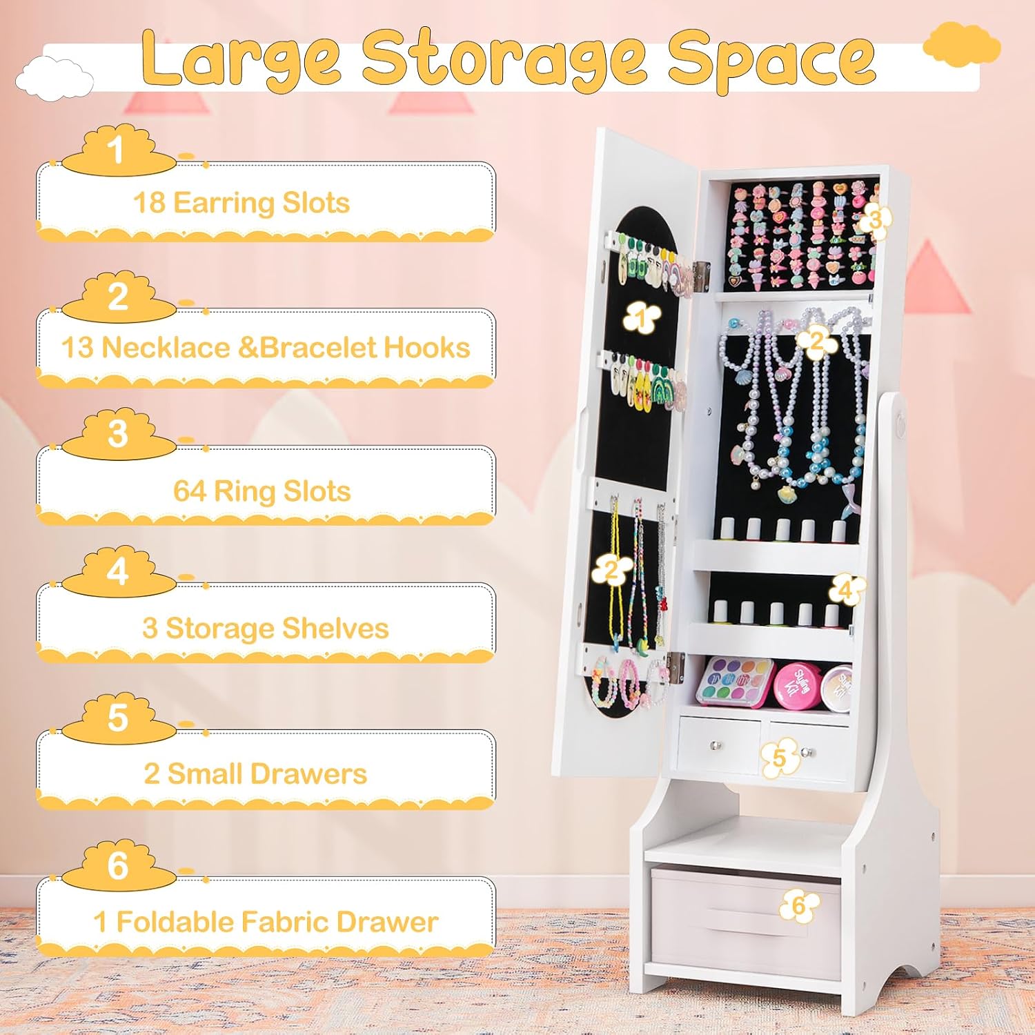 Costzon Kids Vanity & Jewelry Armoire Cabinet, Kids Vanity Table and Chair Set, Makeup Dressing Table, Standing Jewelry Organizer with Full-Length Mirror, Kids Bedroom Furniture Set for Girls (White)