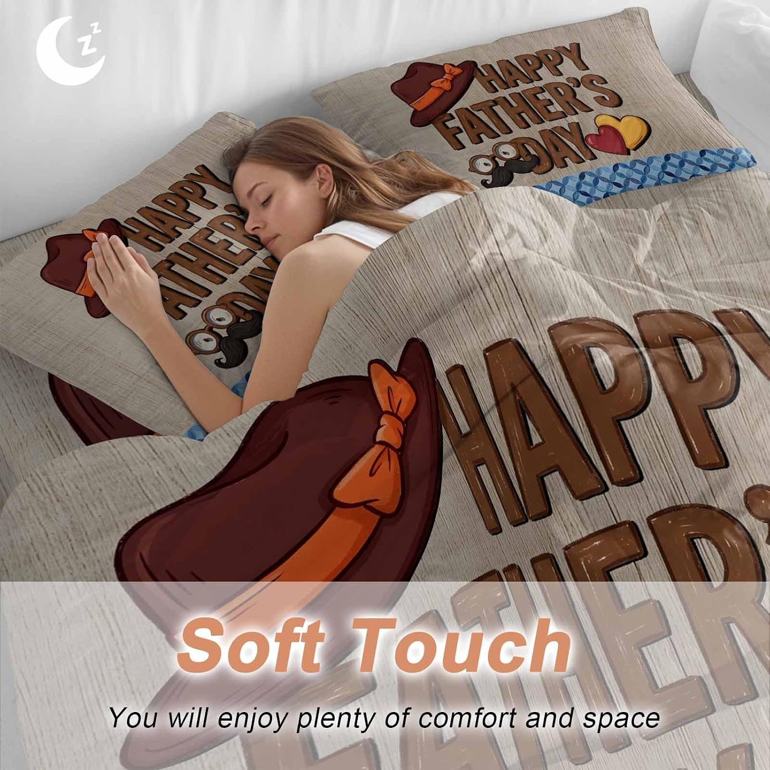 Prime Leader Father's Day Duvet Cover Set Queen Size 4 Pieces Wood Grain Retro Love Heart Hat Brown Blue Bedding Set with Zipper Closure, 1 Comforter Cover 92x106 Inches 1 Flat Sheet & 2 Pillow Cases
