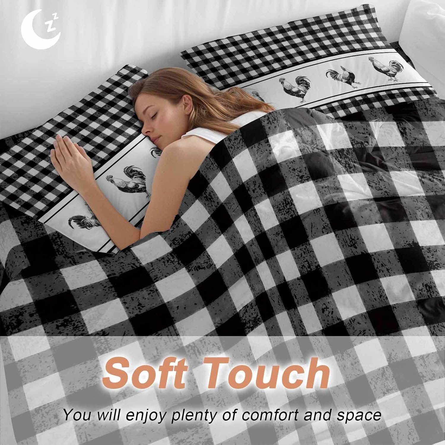 Prime Leader Vintage Black Plaid Duvet Cover Set Queen Size 4 Pieces Farm Cock Chicken Animal Watercolor Bedding Set with Zipper Closure, 1 Comforter Cover 92x106 Inches 1 Flat Sheet & 2 Pillow Cases