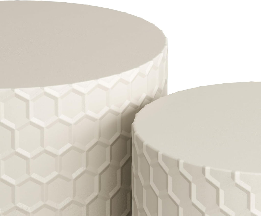 Round Nesting Coffee Table Set of 2, Modern Circular Side Table Set with Honeycomb Design, 2 Piece Nesting End Table Accent Tables Coffee Table for Living Room Bedroom Apartment - Beige