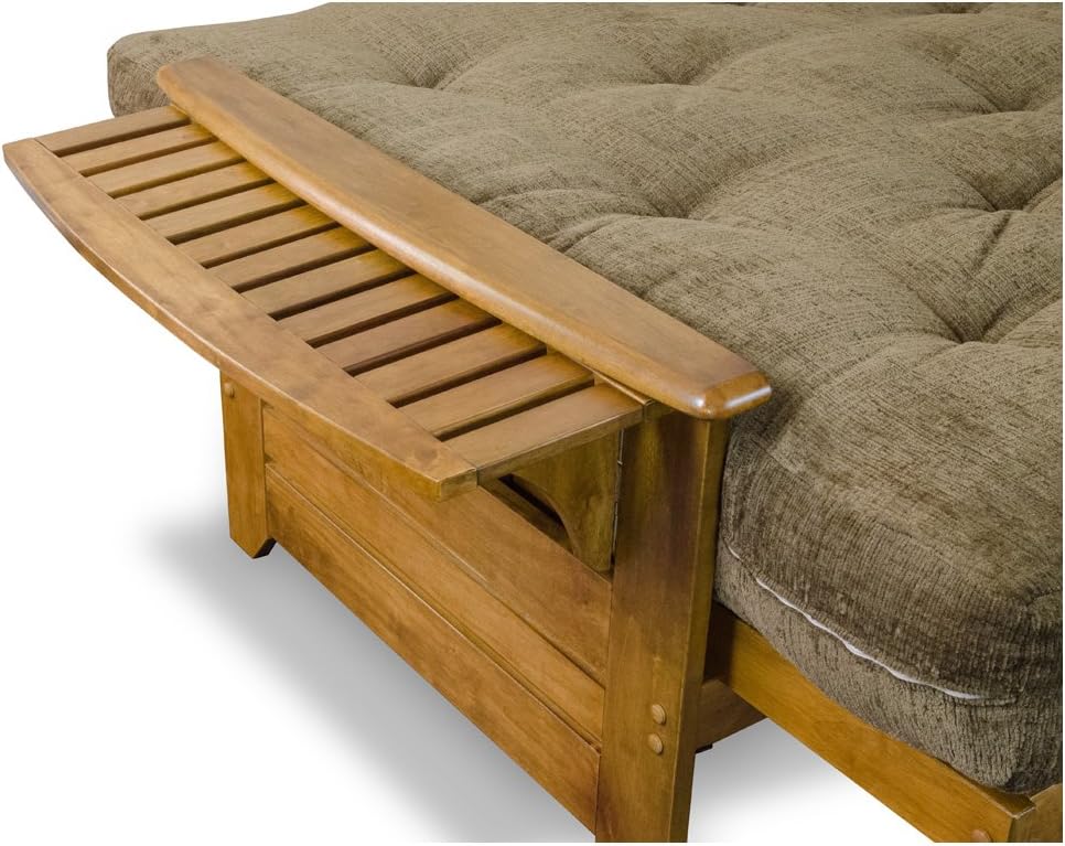 Nirvana Futons Brentwood Tray Arm Futon Frame, Drawers, and Hunter Green Mattress Set - Full, Rich Heritage Finish