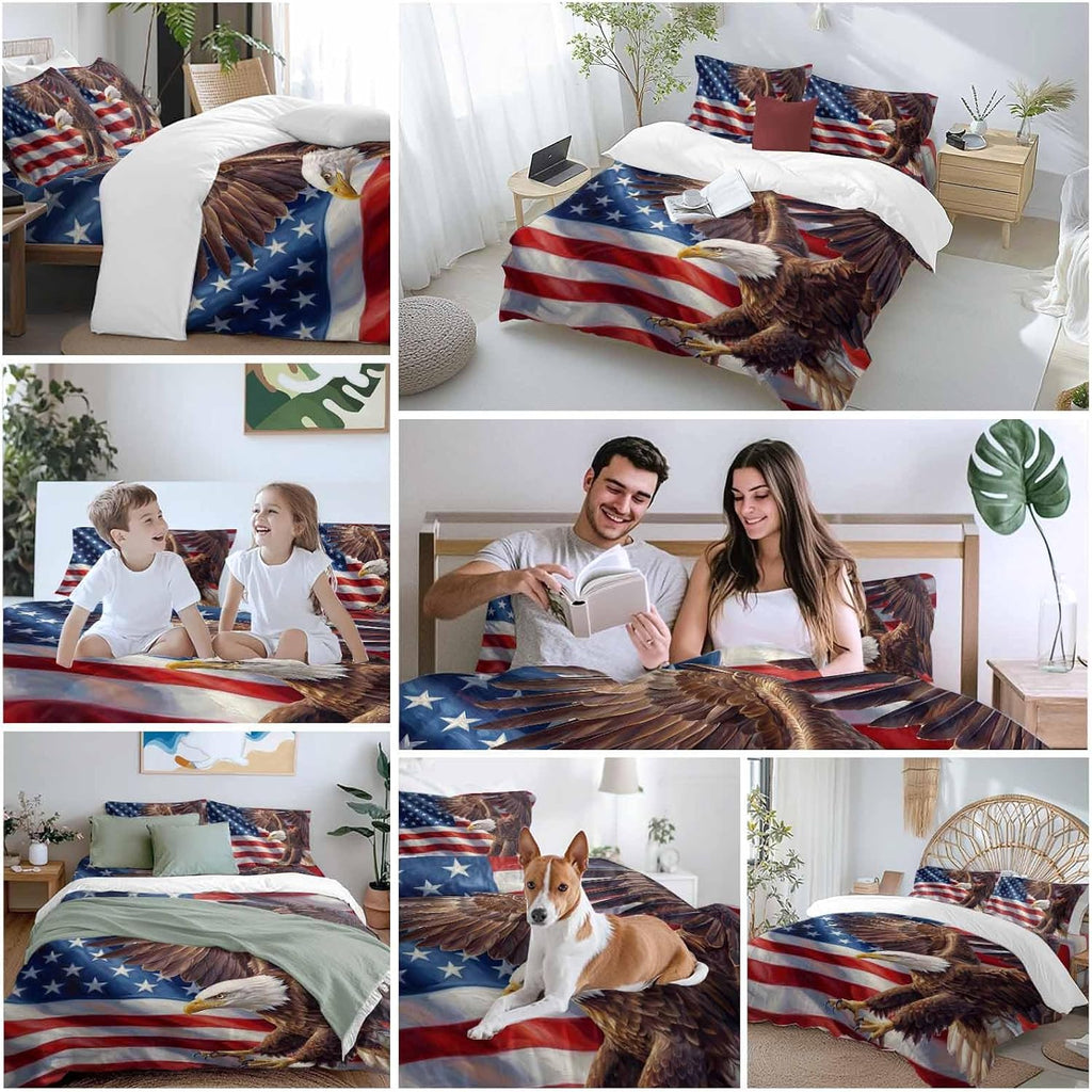 Independence Day Duvet Cover Set Queen Size 4 Pieces Watercolor U. S. Flag Soaring Bald Eagle Bedding Set with Zipper Closure, 1 Comforter Cover 92x106 Inches 1 Flat Sheet & 2 Pillow Cases