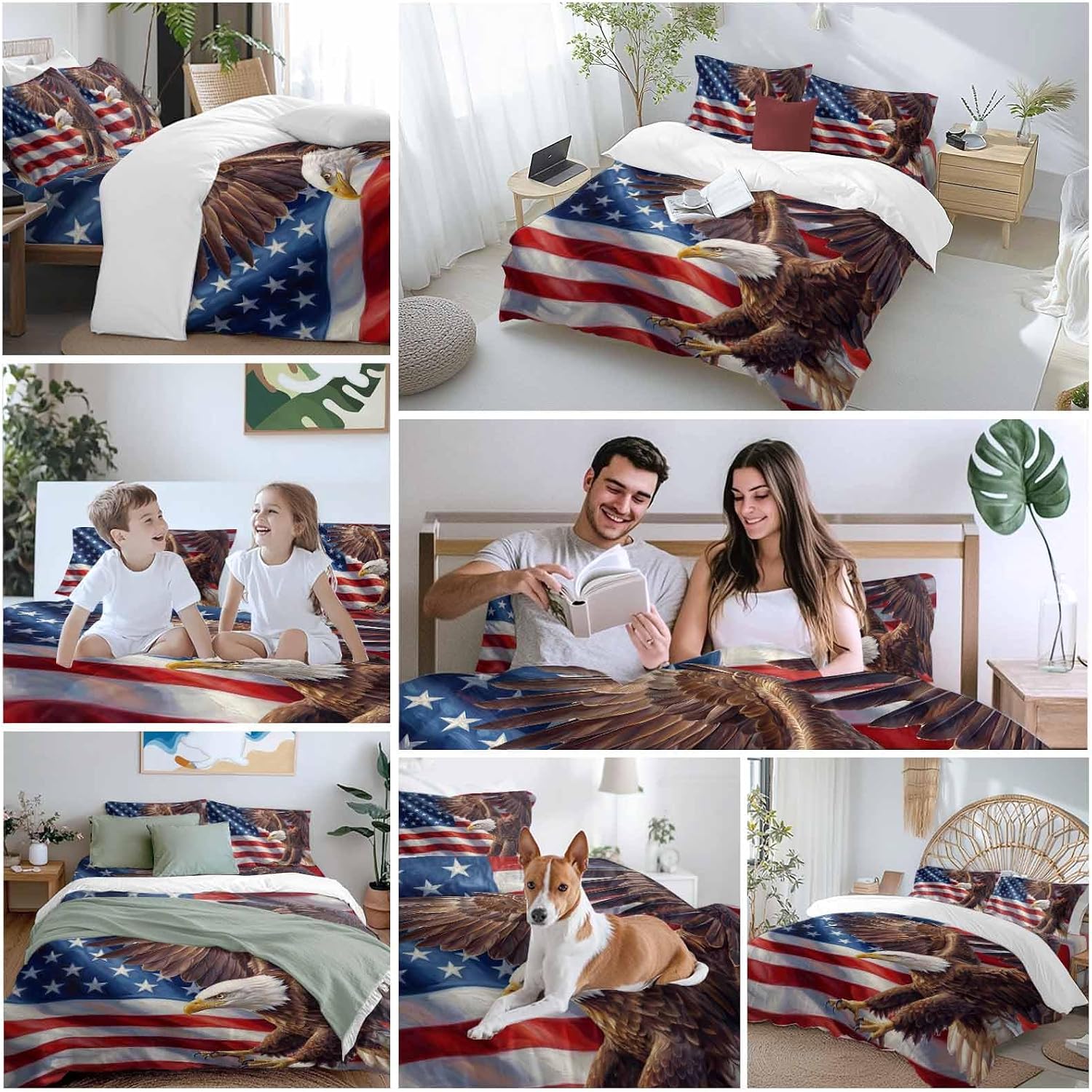 Independence Day Duvet Cover Set Queen Size 4 Pieces Watercolor U. S. Flag Soaring Bald Eagle Bedding Set with Zipper Closure, 1 Comforter Cover 92x106 Inches 1 Flat Sheet & 2 Pillow Cases