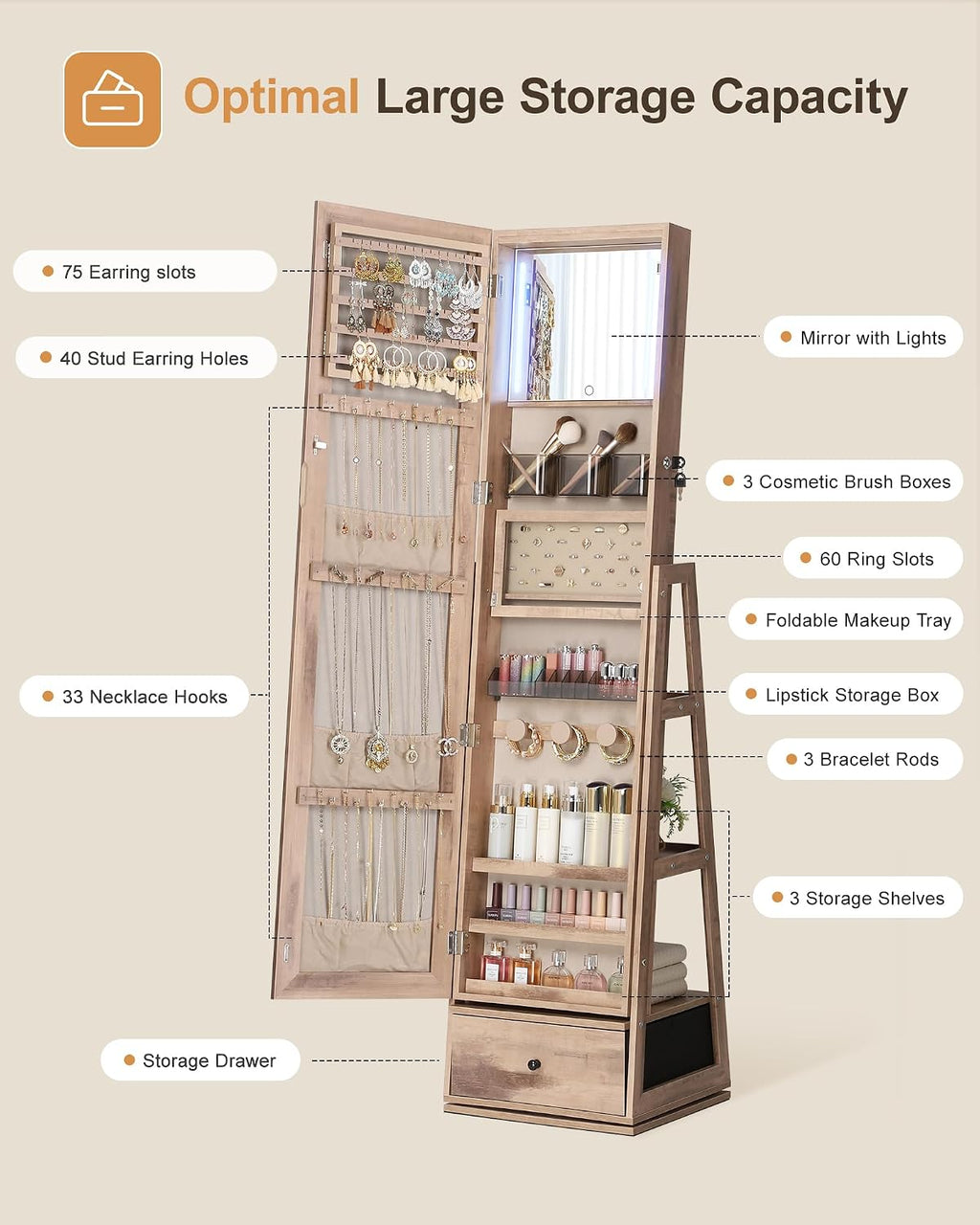 Nicetree 360° Swivel Jewelry Cabinet with Lights, Touch Screen Vanity Mirror, Rotatable Full Length Mirror with Jewelry Storage, Standing Jewelry Armoire Organizer, Foldable Makeup Shelf, Toasted Oak