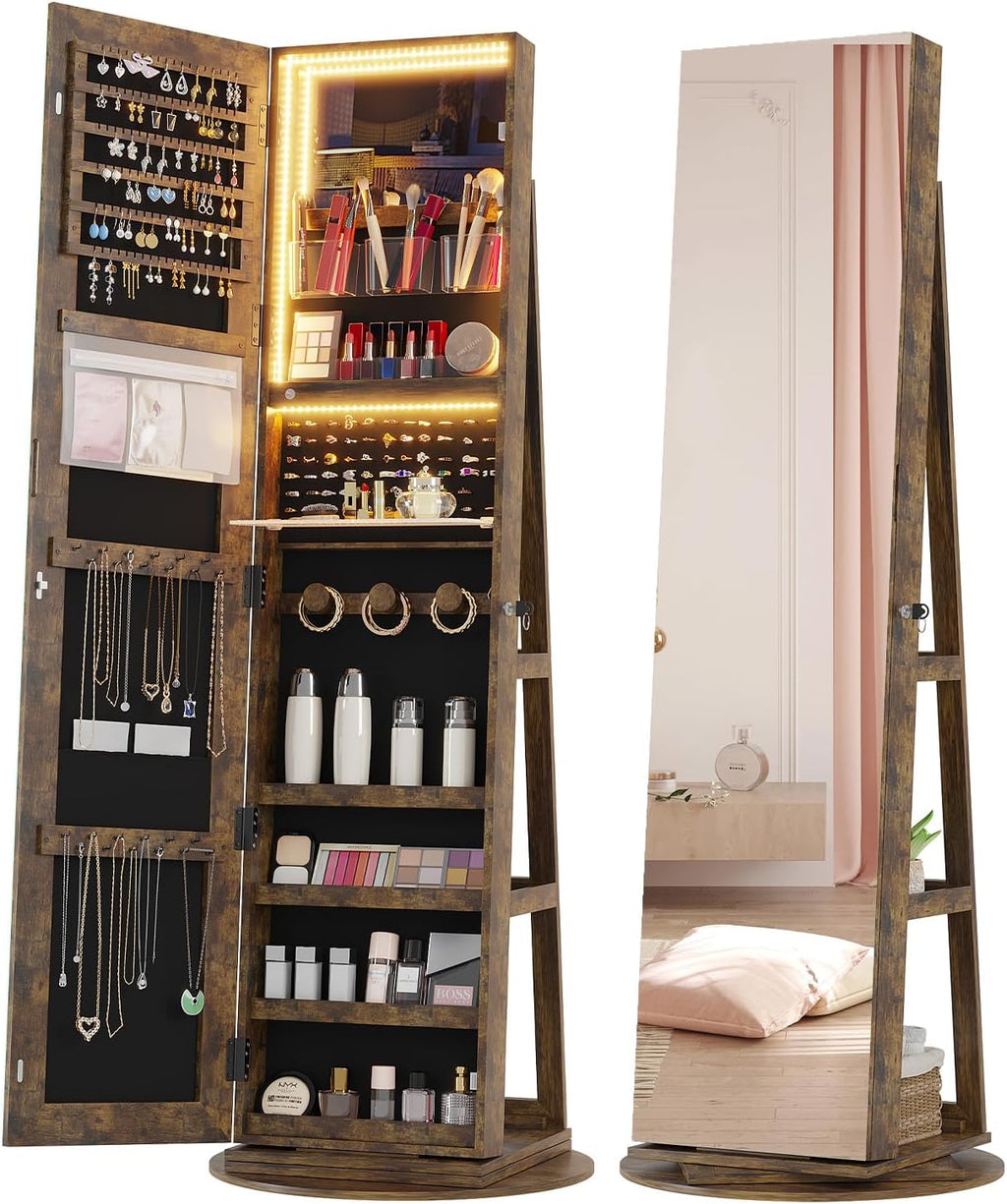 Vlsrka Mirror Jewelry Cabinet Standing, Lockable Full Length Mirror with Storage, Rotatable Jewelry Armoire with Adjustable Lights, Jewelry Armoire Organizer for Bedroom Cloakroom, Rustic Brown