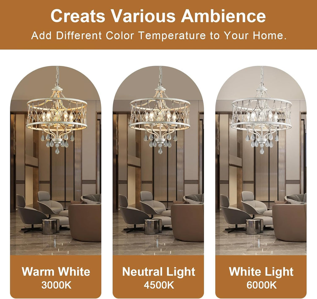 Modern Crystal Chandelier, 5-Light Farmhouse White Chandelier for Dining Room Vintage Hanging Pendant Light Fixtures Round Chandelier for Kitchen Island Entryway Foyer Bedroom Office Bar