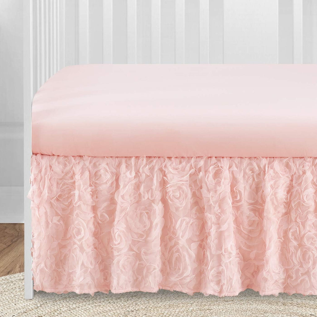 Sweet Jojo Designs 4-Piece Baby Crib Bedding Set (Blush Pink Floral Rose) for Girls, Infants/Nursery incl. Blanket, Fitted Sheet, Skirt, Diaper Stacker (Elegant, Princess, Luxury, Glam, Ruffle Roses)