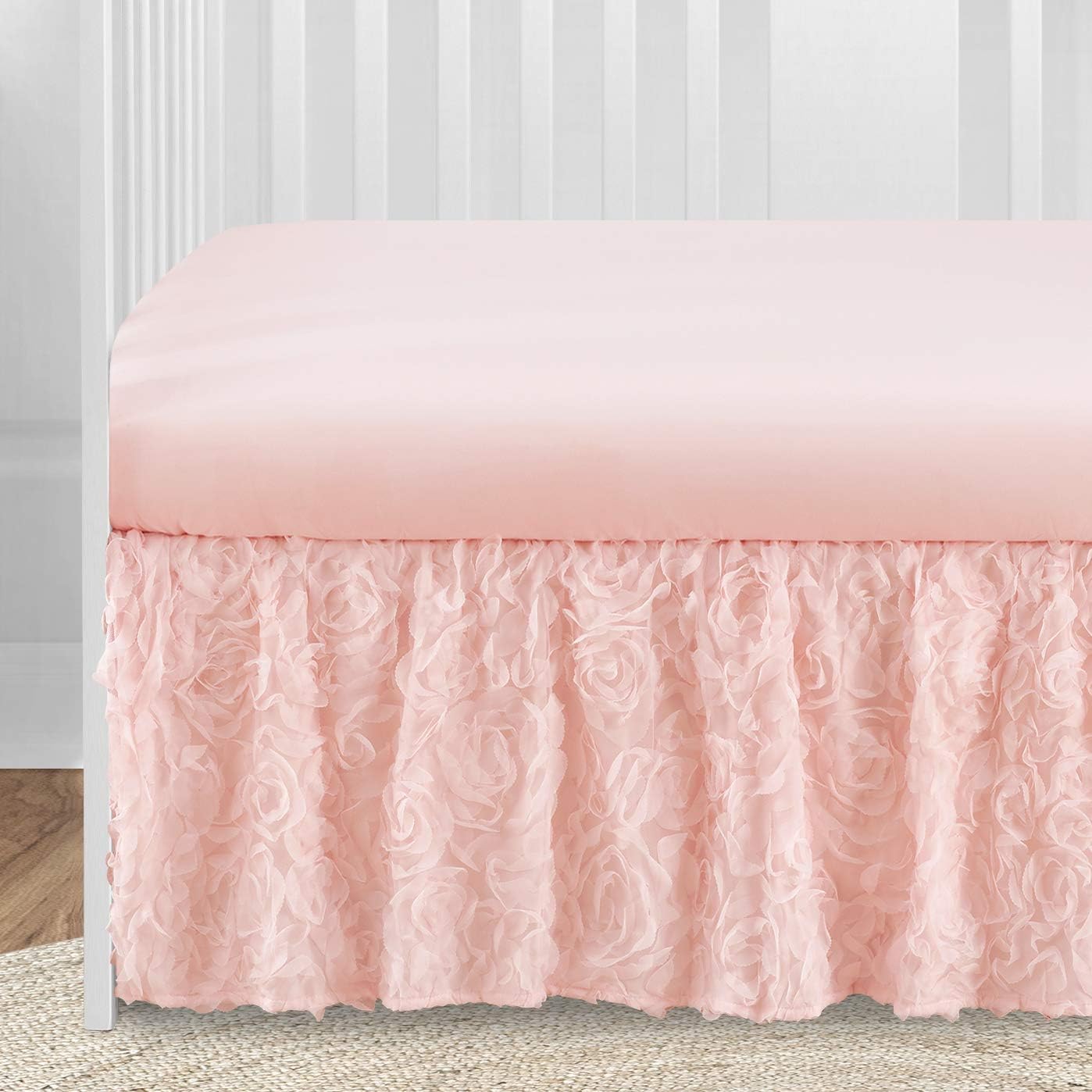 Sweet Jojo Designs 4-Piece Baby Crib Bedding Set (Blush Pink Floral Rose) for Girls, Infants/Nursery incl. Blanket, Fitted Sheet, Skirt, Diaper Stacker (Elegant, Princess, Luxury, Glam, Ruffle Roses)